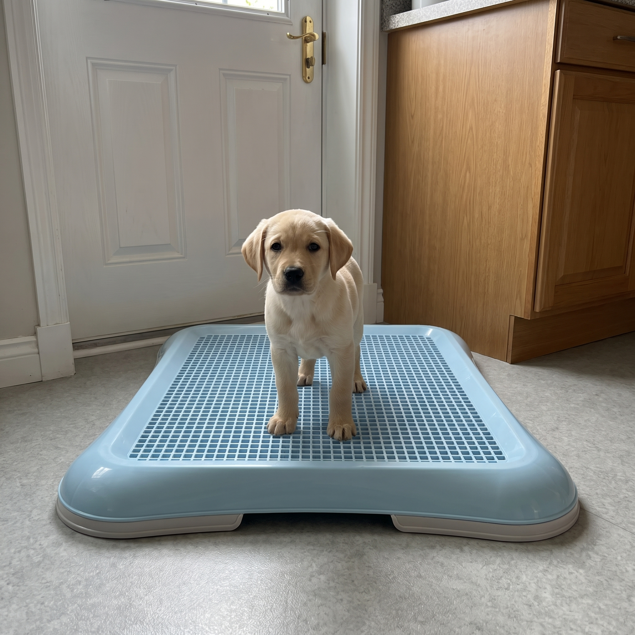 Puppy standing on the potty training tray in a kitchen by the back door