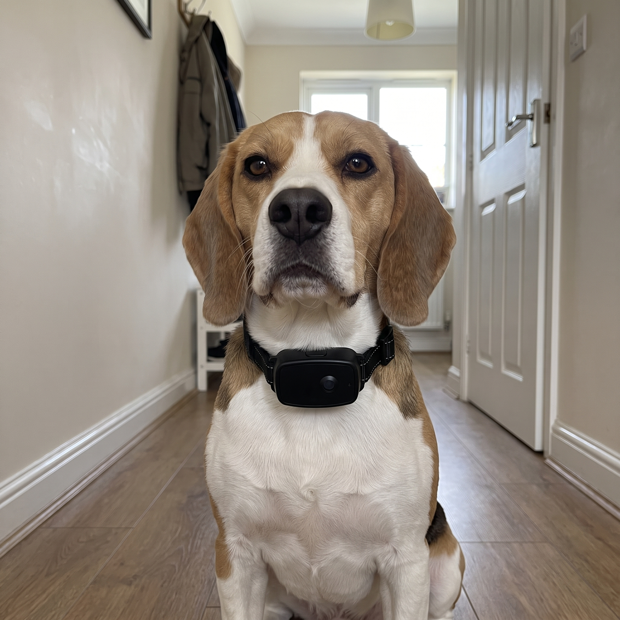 Beagle sitting calmly wearing the smart anti bark collar in a hallway