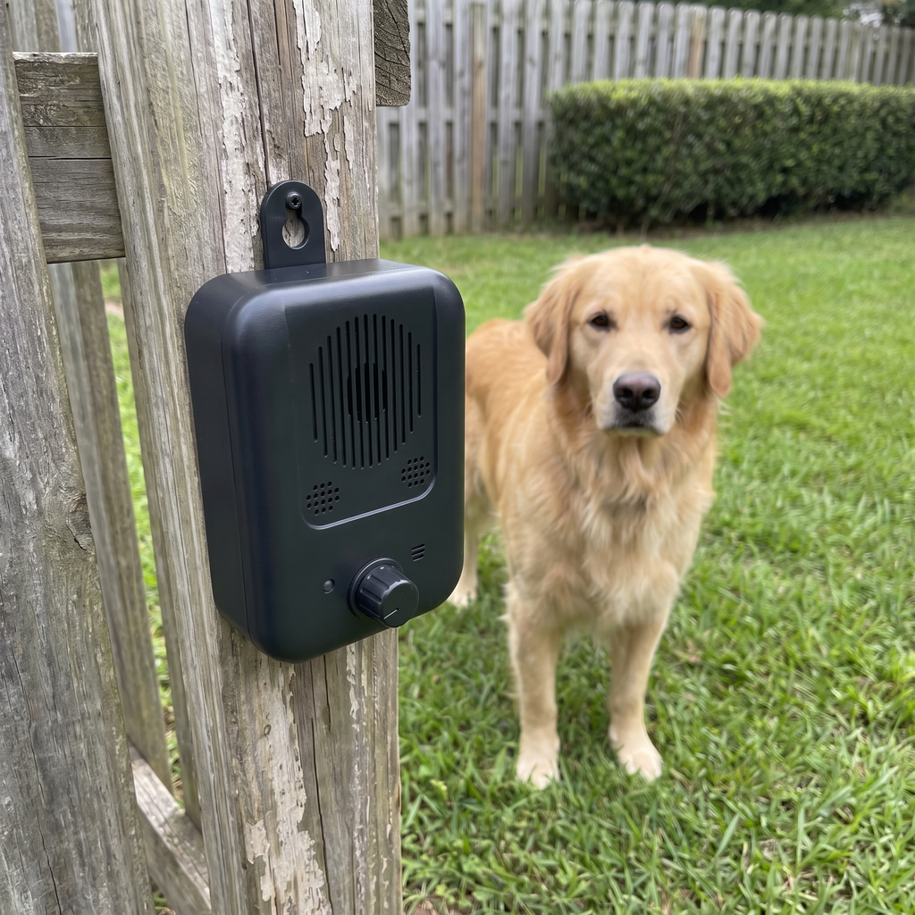 Ultrasonic anti bark device mounted on a garden fence post with a retriever on the lawn