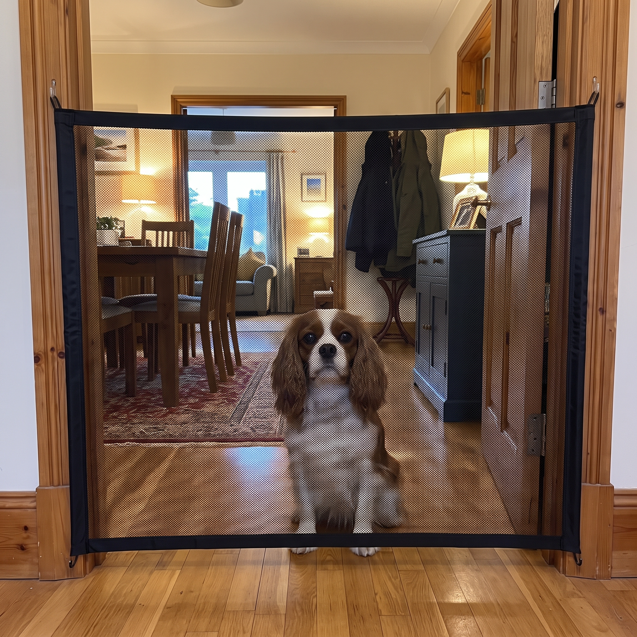 Spaniel behind the portable pet safety gate in a kitchen doorway