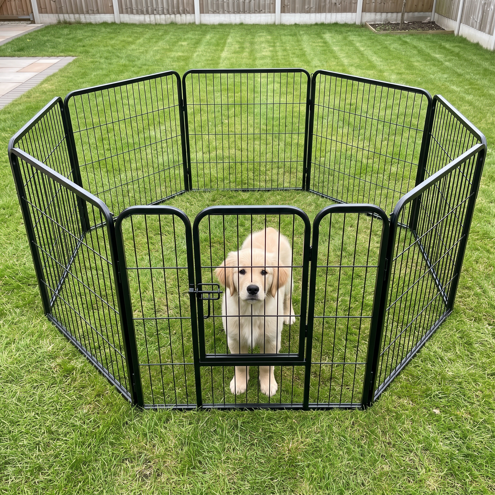 Golden retriever puppy inside the metal dog playpen on a garden lawn