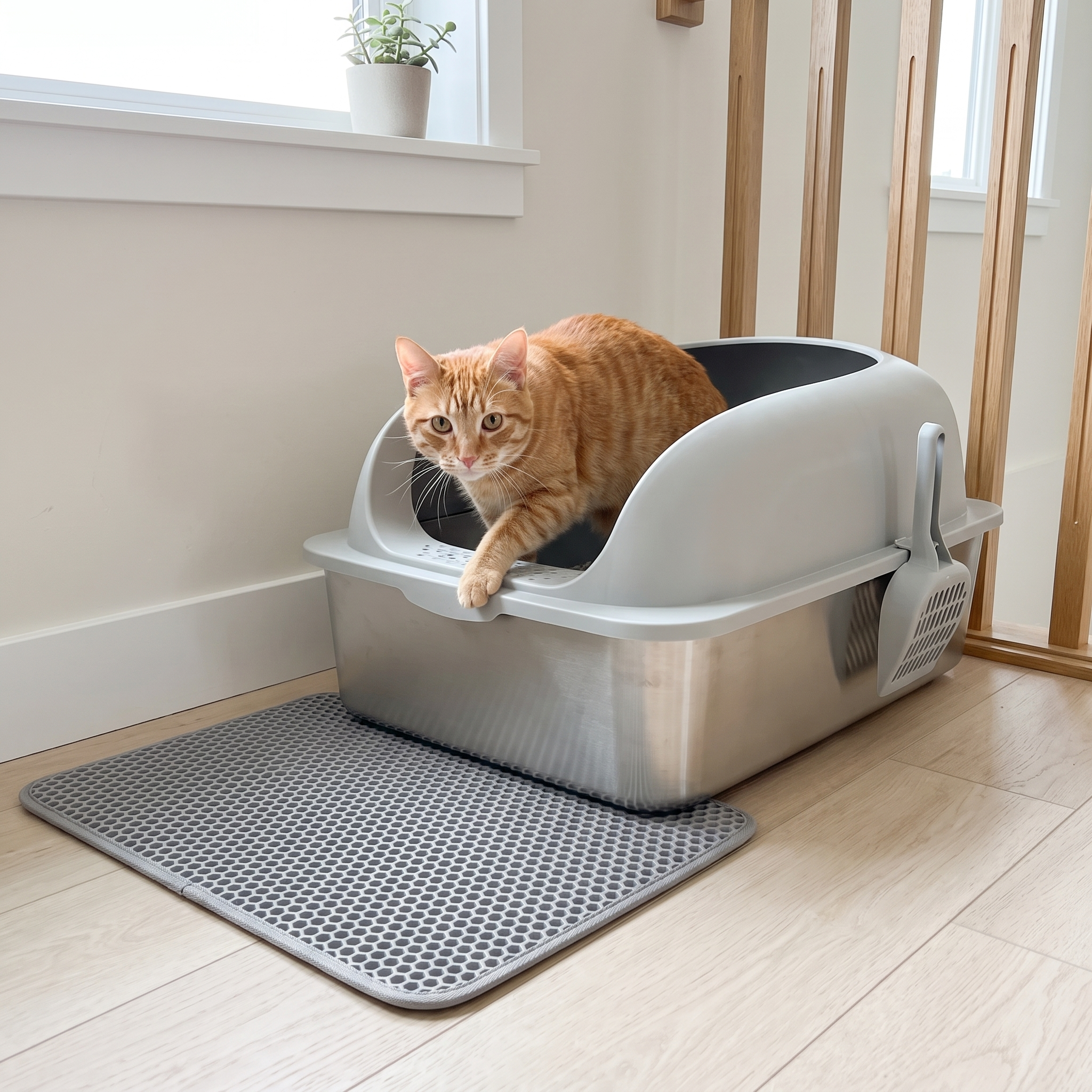 Ginger cat stepping out of the stainless steel litter box in a landing nook
