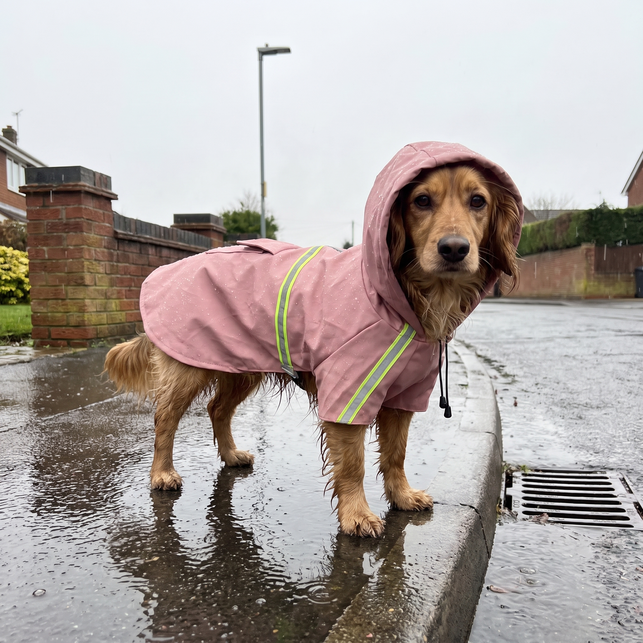 Cocker spaniel in the waterproof hooded dog raincoat on a rainy pavement