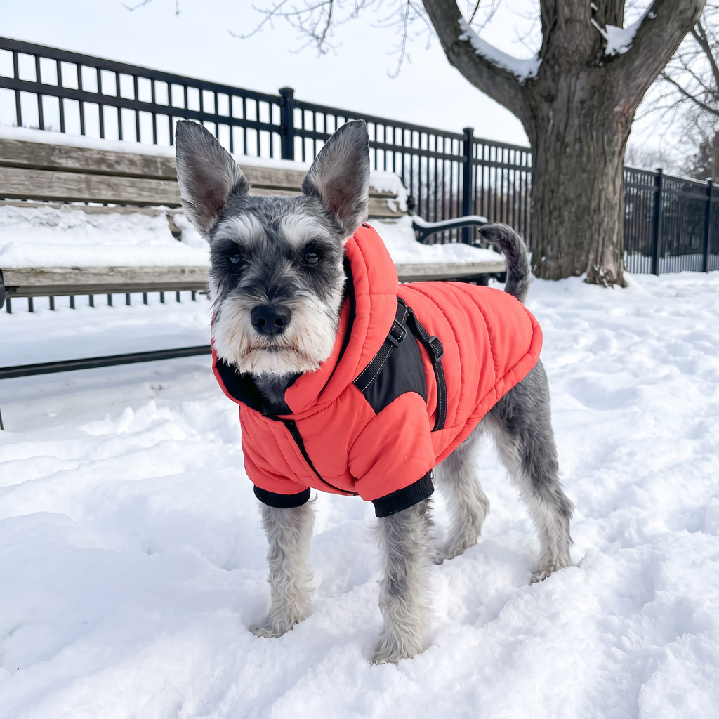 Schnauzer wearing the padded hooded winter jacket in a snowy park