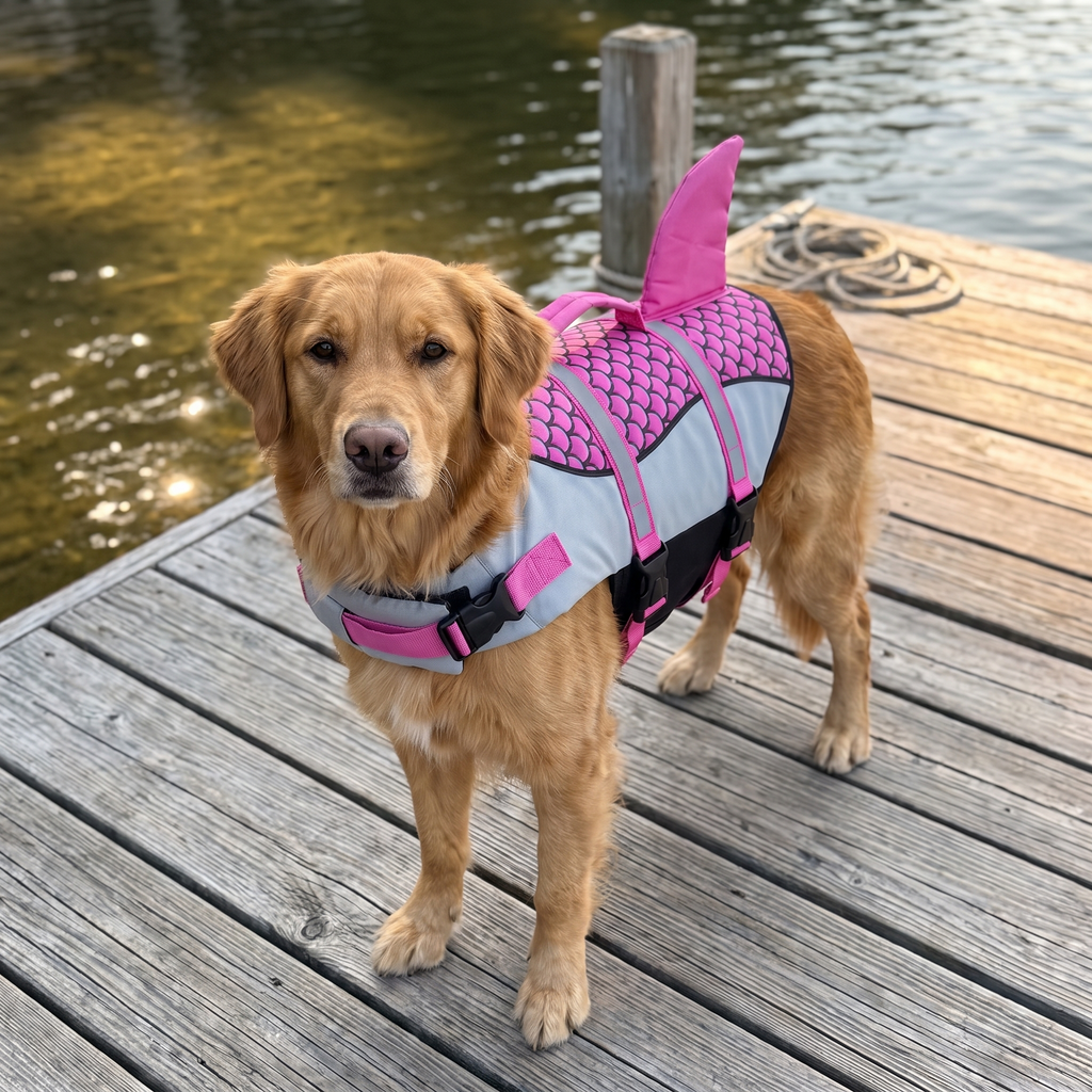Golden retriever in the dog life jacket on a wooden lakeside jetty