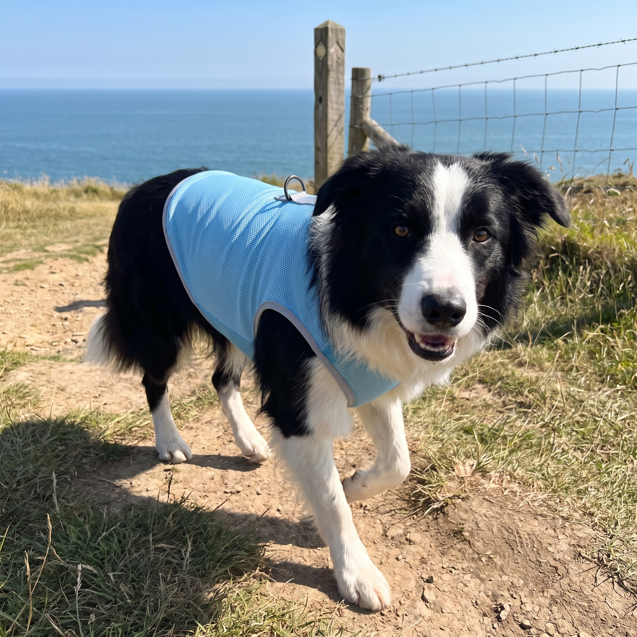 Border collie wearing the cooling harness vest on a sunny coastal path