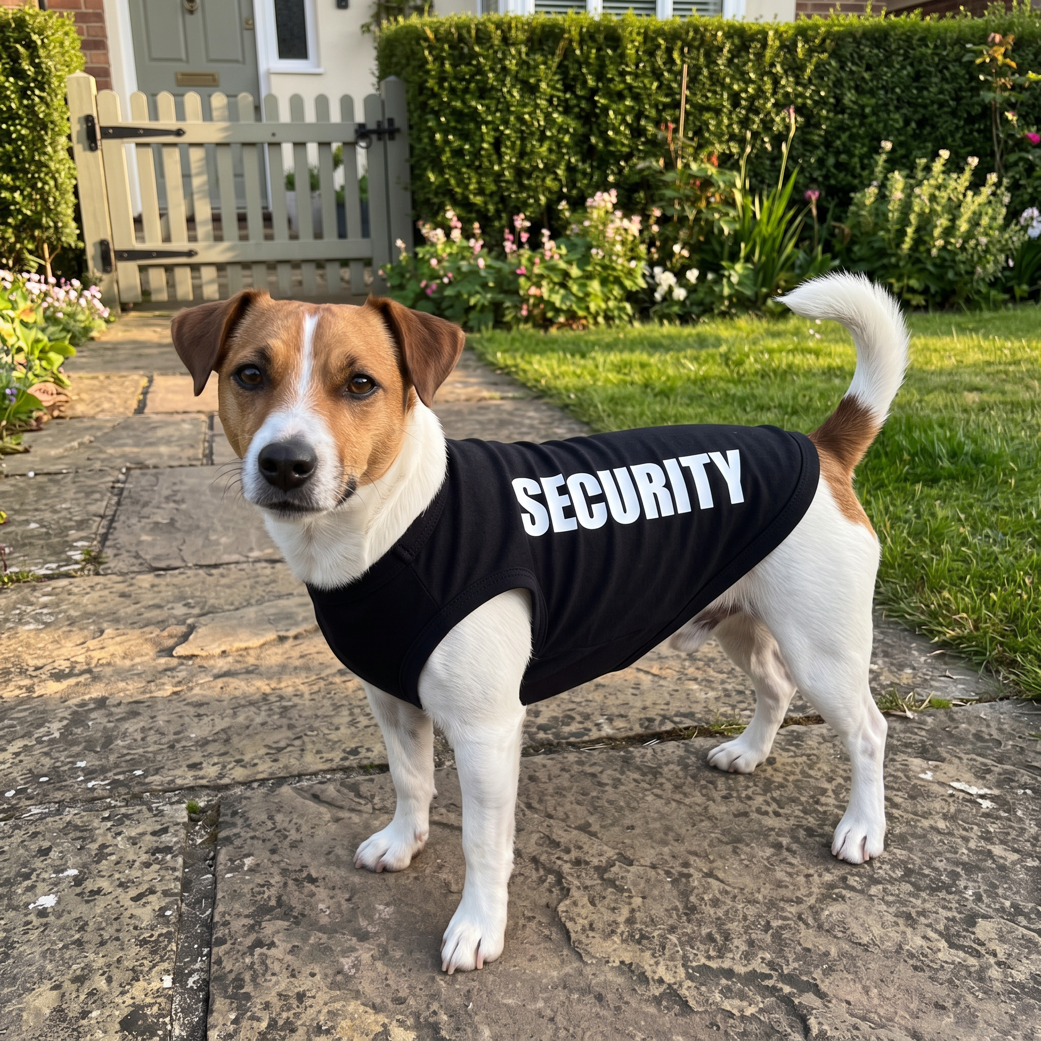 Jack russell wearing the security print pet t shirt by a front garden gate