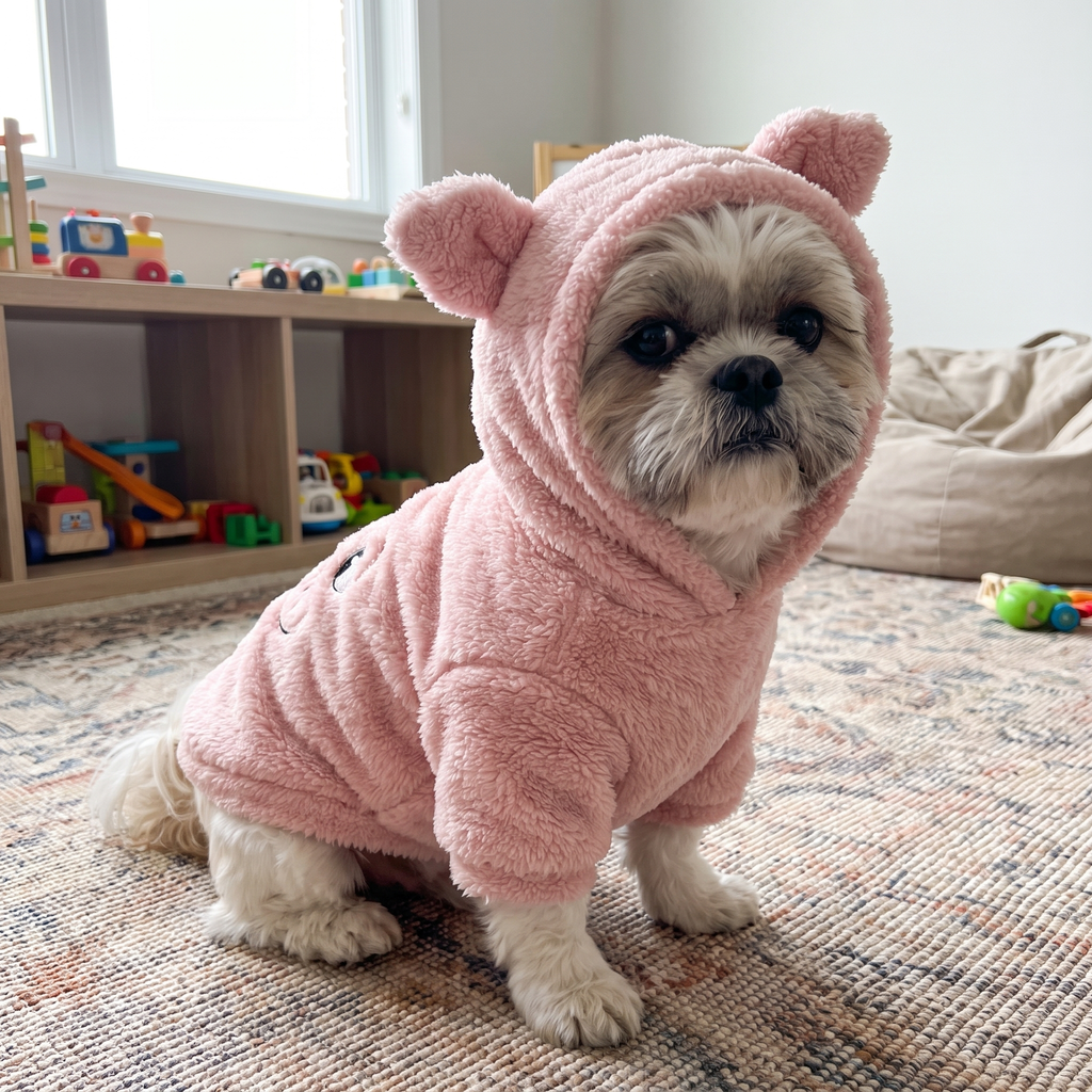 Shih tzu wearing the pink pig dog hoodie in a bright playroom