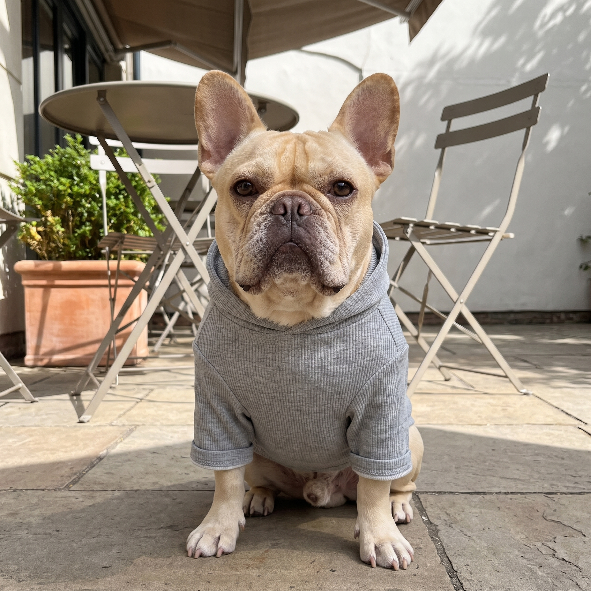 French bulldog in the casual dog shirt on a pavement cafe terrace