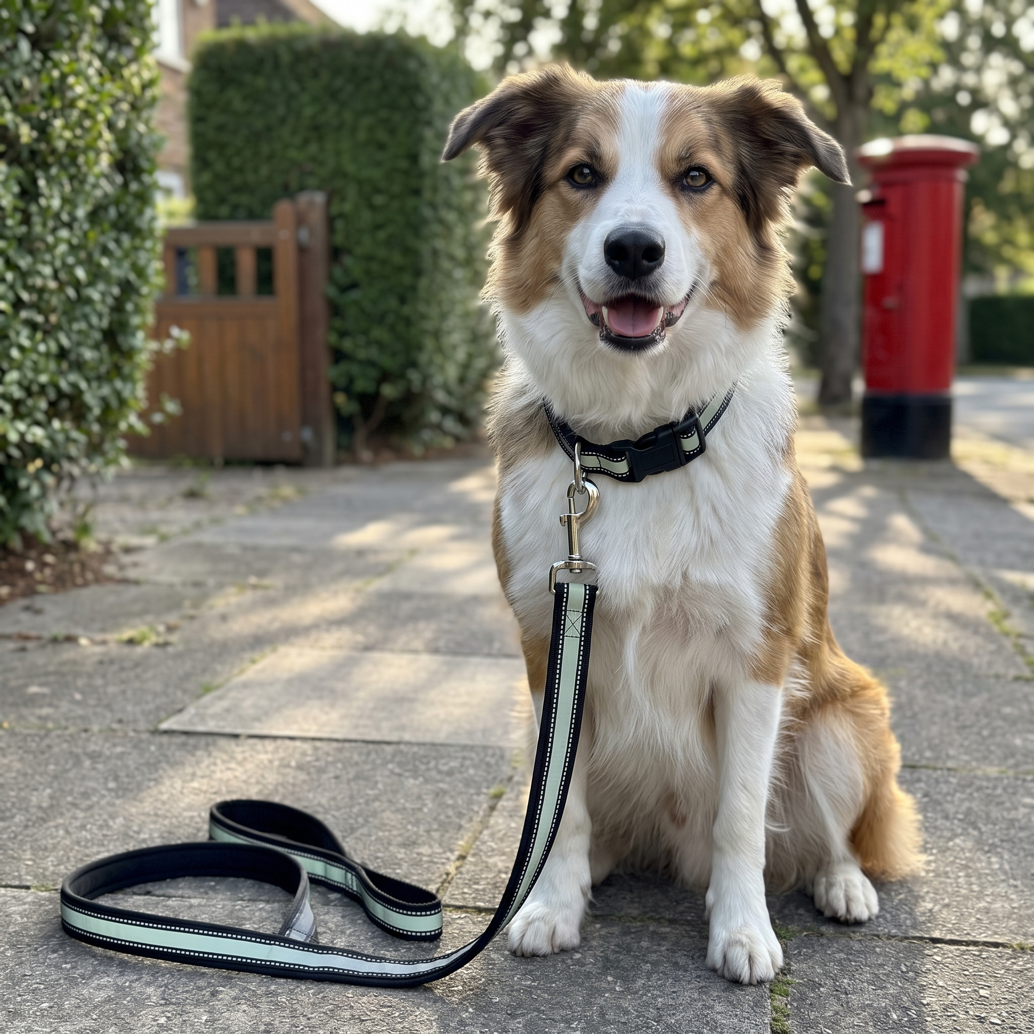 Dog wearing the padded nylon collar and leash set on a suburban pavement