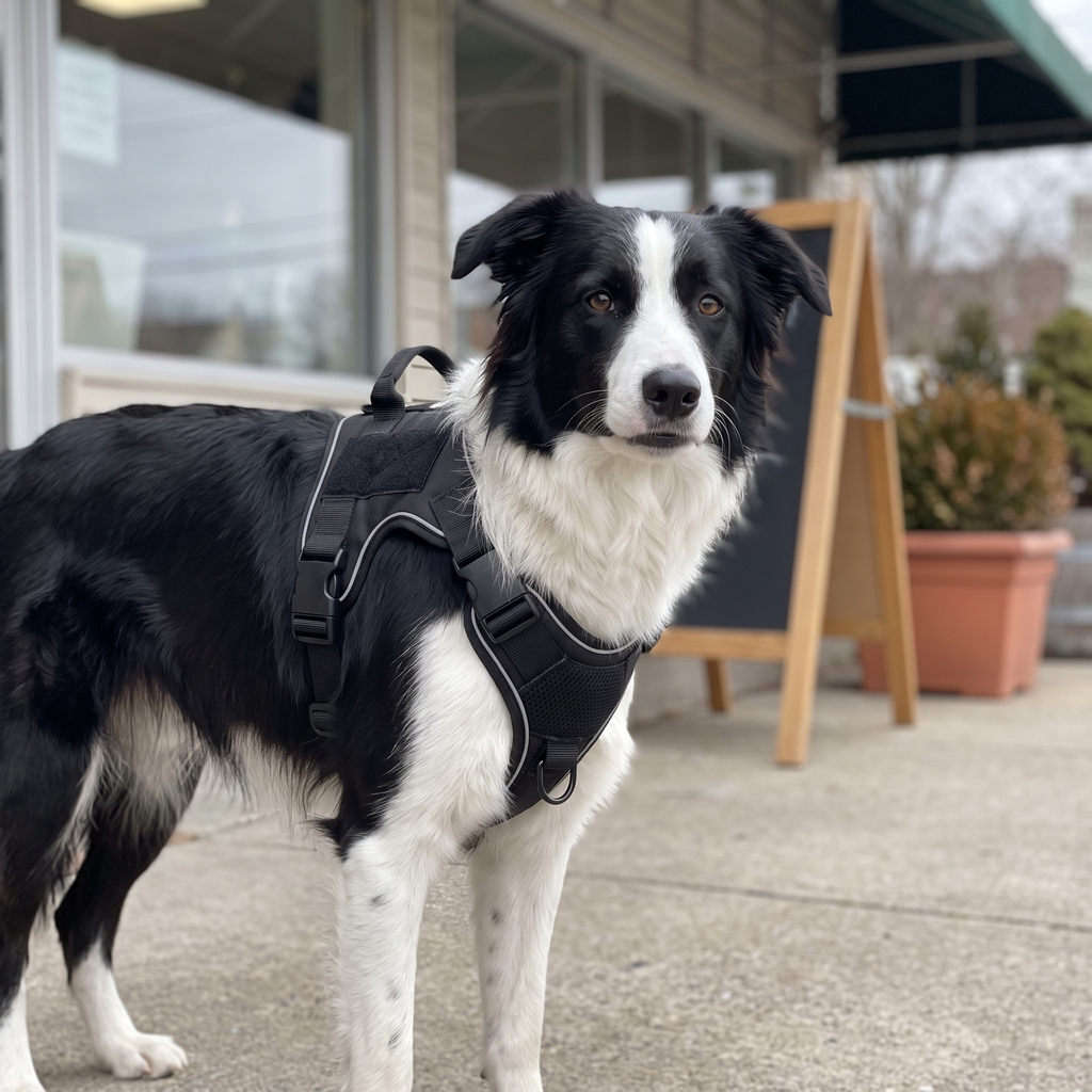 Border collie in the reflective service dog harness on a pavement outside a shop