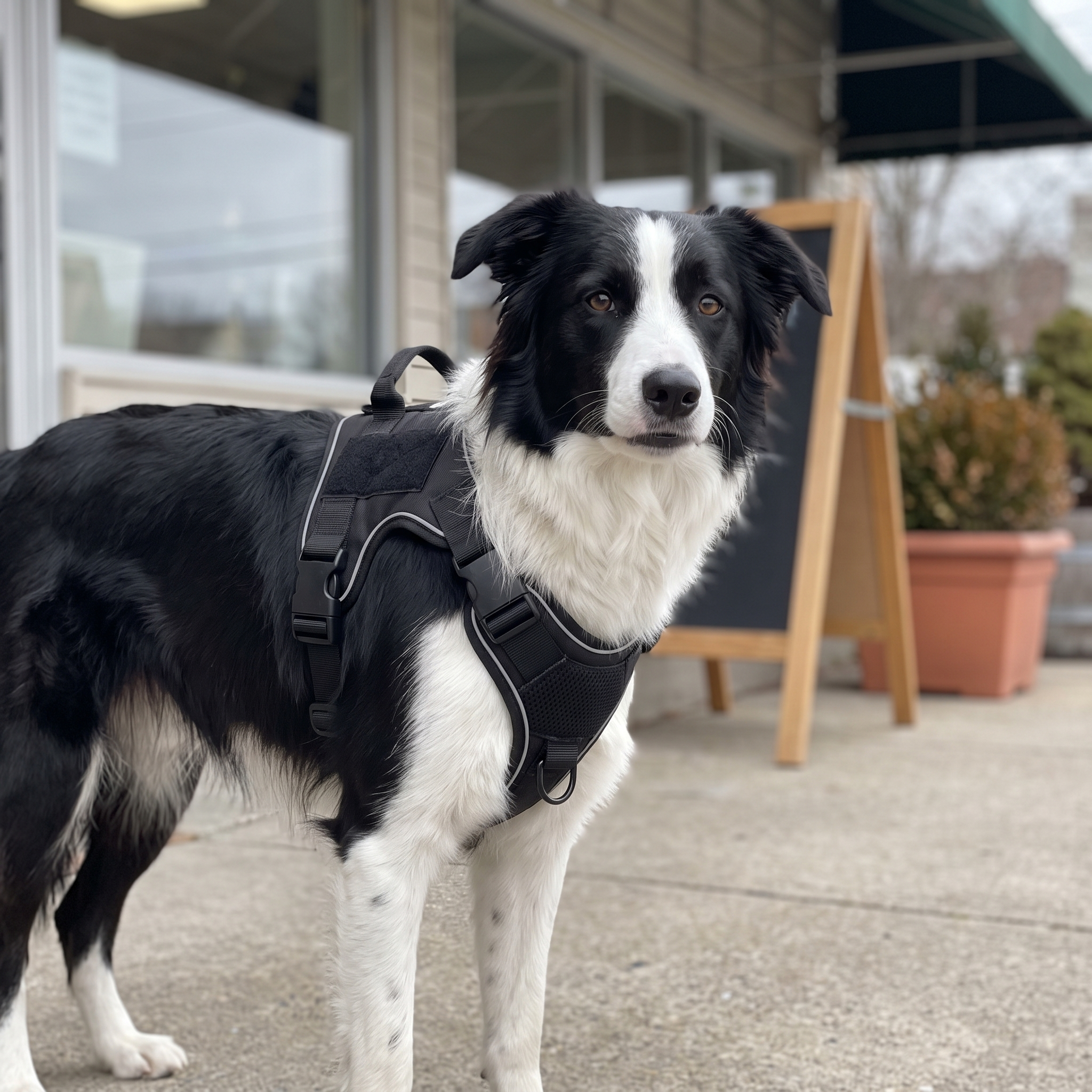 Border collie in the reflective service dog harness on a pavement outside a shop