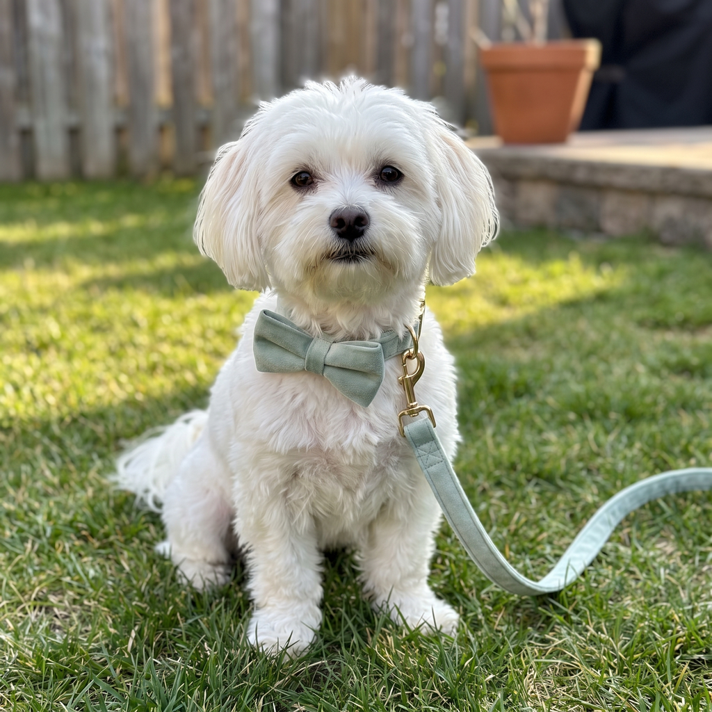 Small fluffy dog wearing the mint velvet bow collar and leash set on a garden lawn