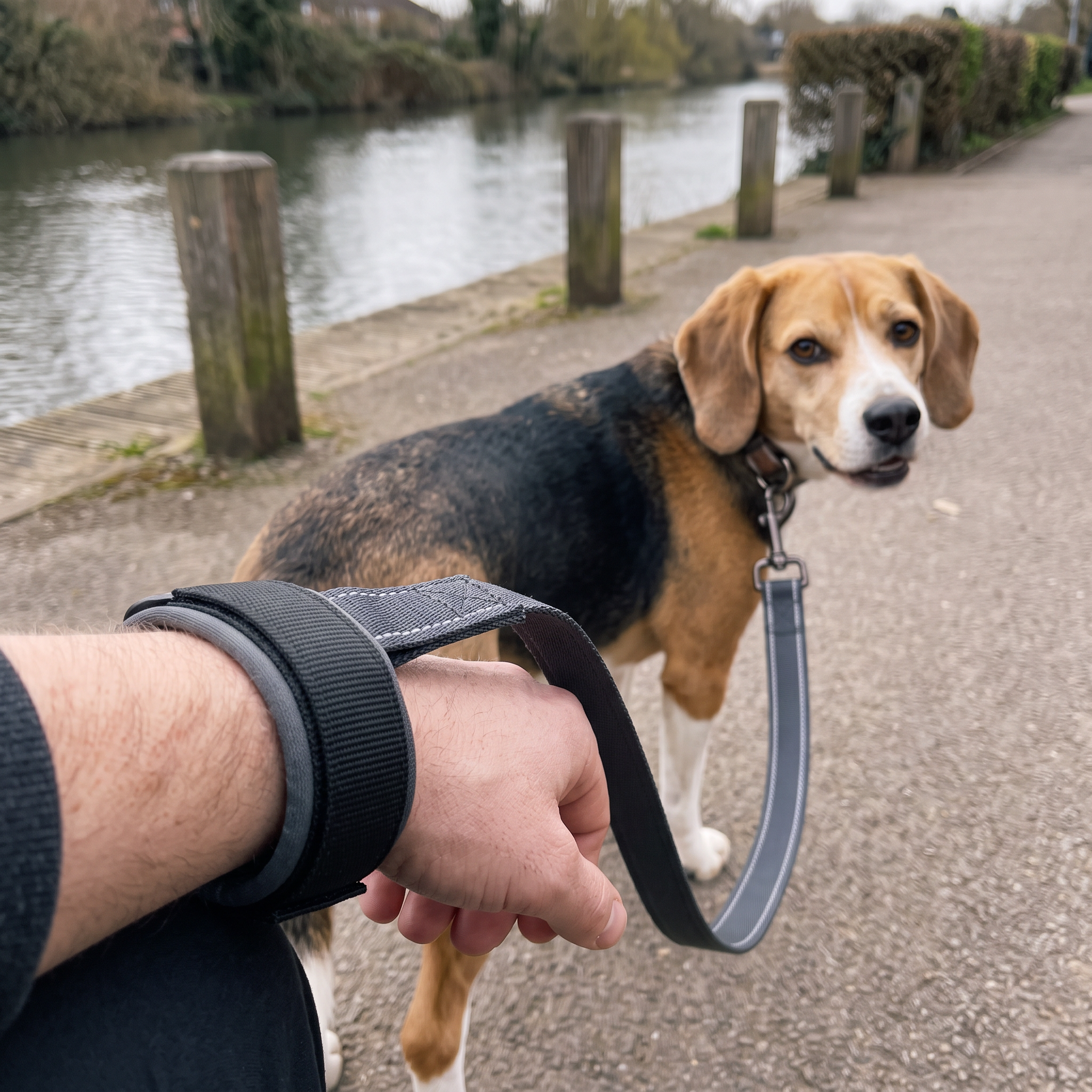 Owner using the hands free dog walking wrist strap on a riverside path