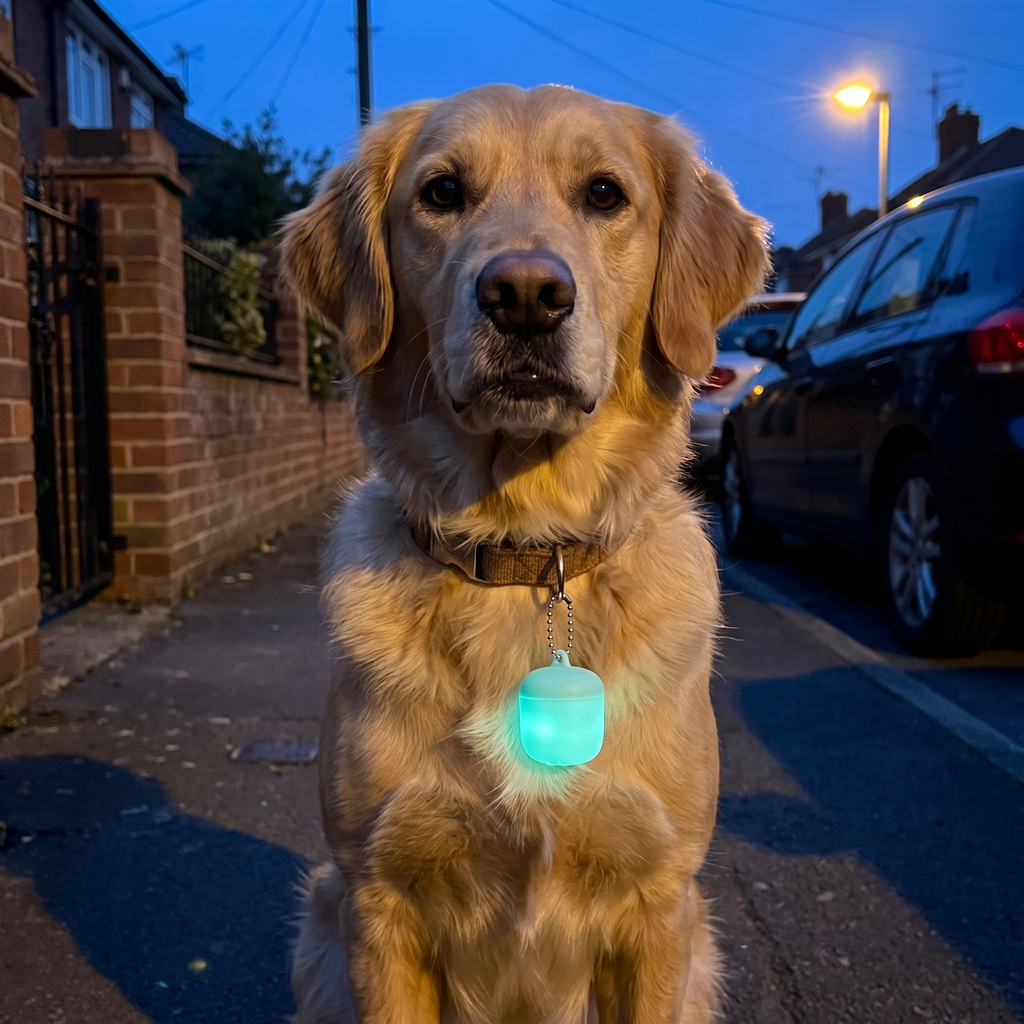 Dog wearing the glowing LED pet safety tag on a residential street at dusk
