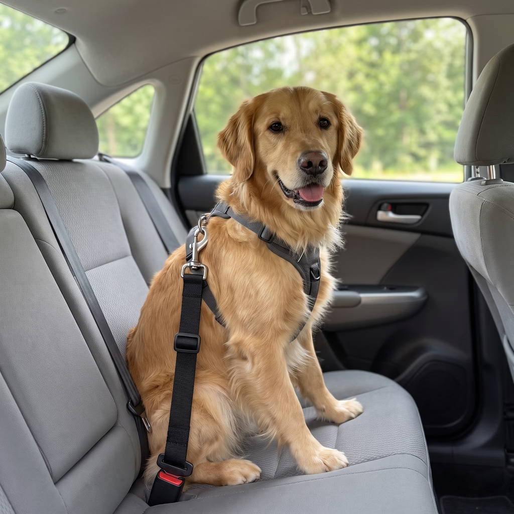 Golden retriever clipped in with the dog car safety belt on a back seat