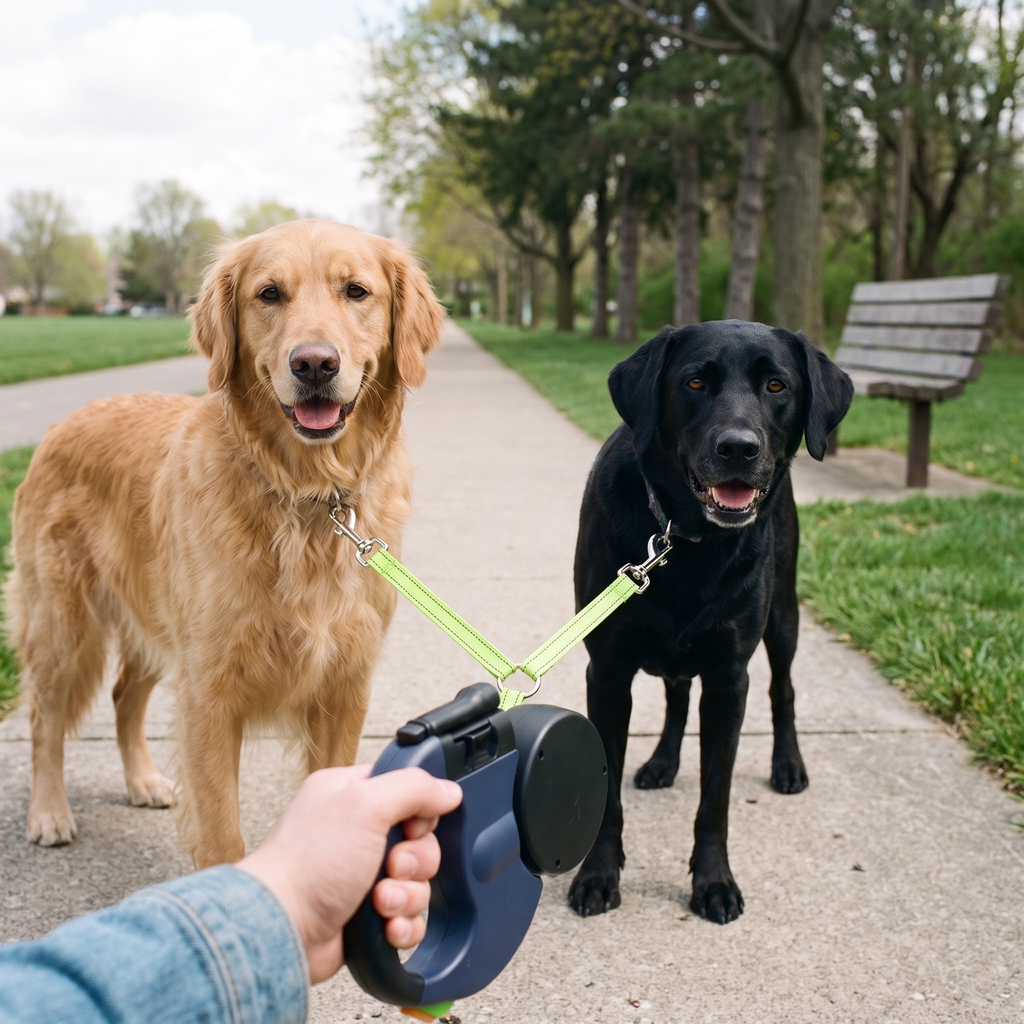 Two dogs walking side by side on the retractable dual dog leash on a park path