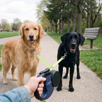 Two dogs walking side by side on the retractable dual dog leash on a park path