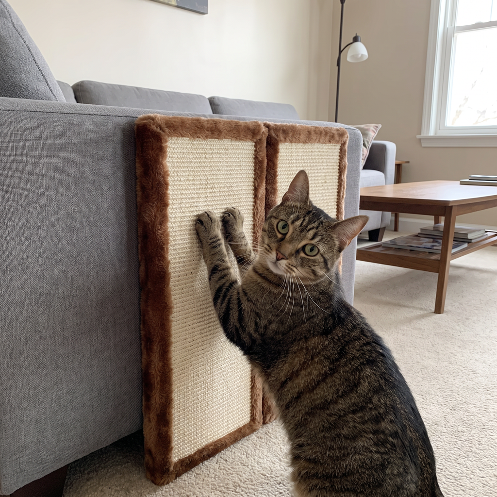 Brown tabby cat scratching the foldable cat scratcher mat beside a grey sofa in a living room