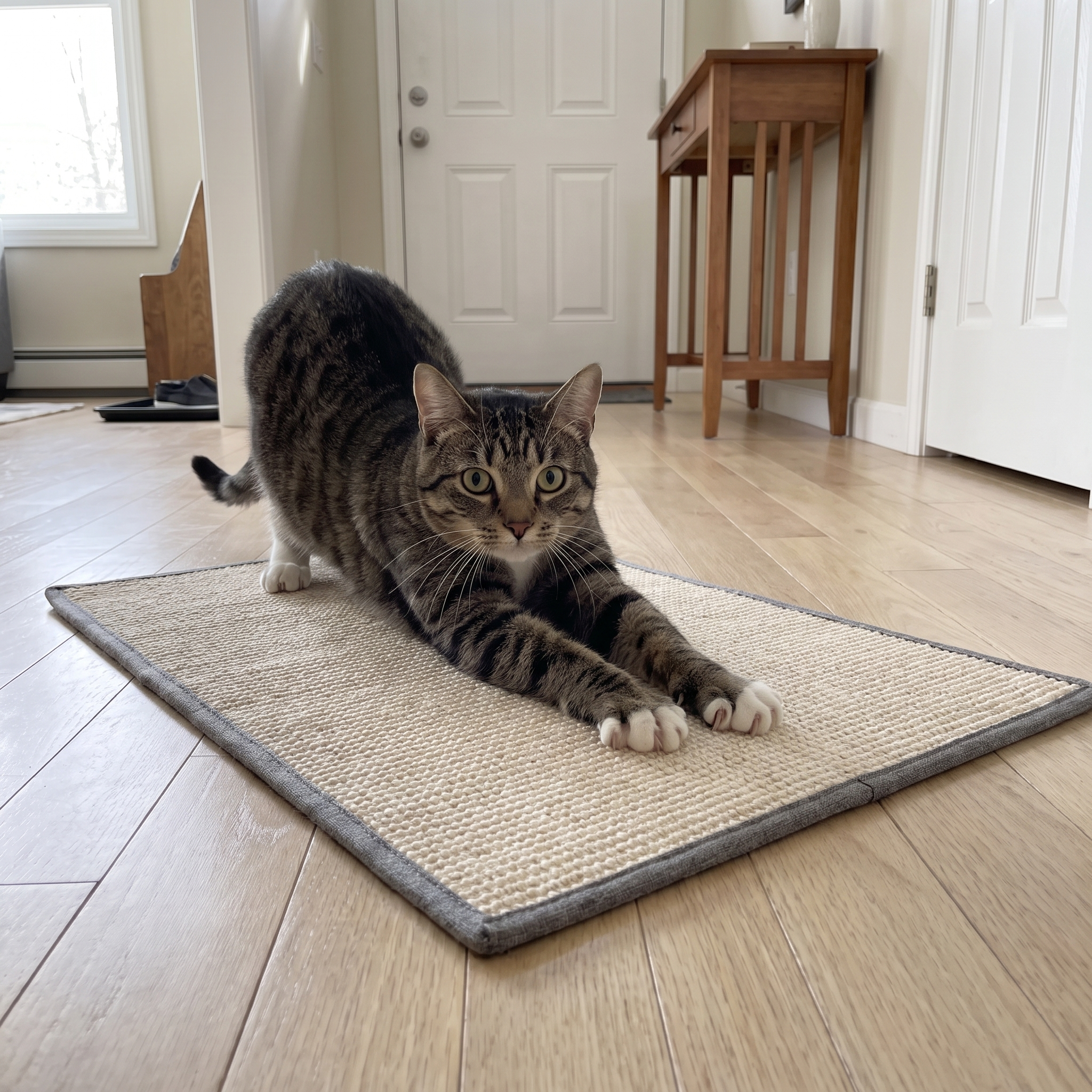 Grey tabby cat stretching and clawing the sisal cat scratcher mat on a hallway floor