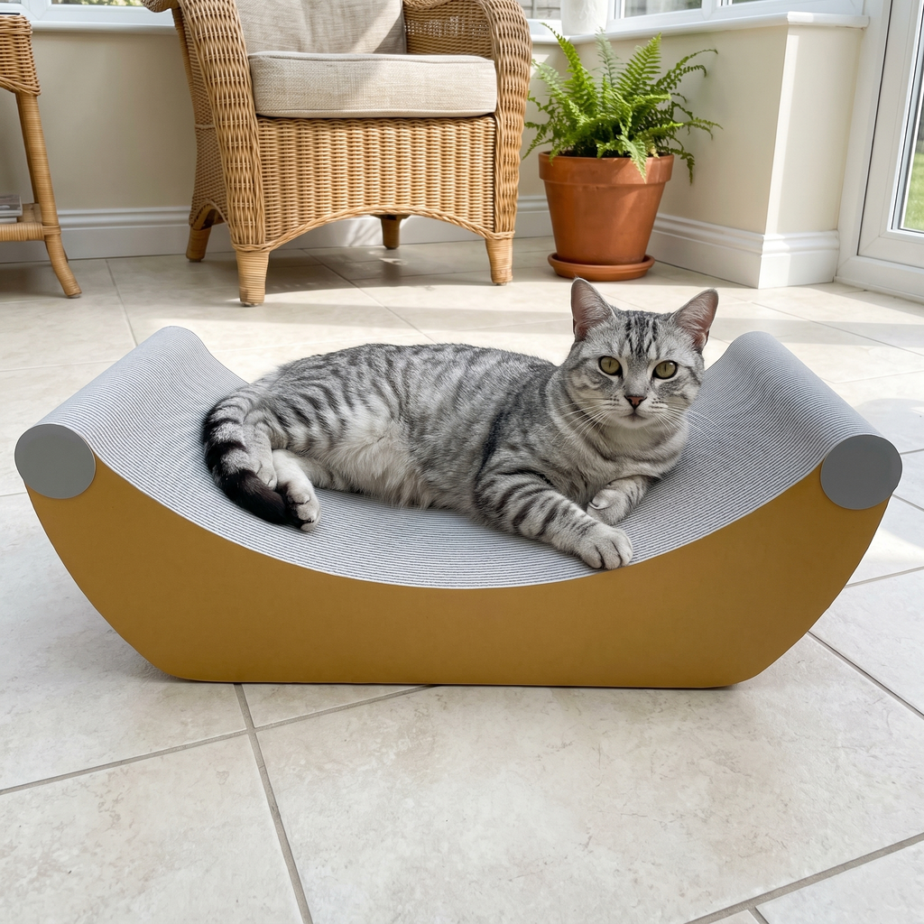 Silver tabby cat lying on the curved corrugated cat scratcher board in a sunroom