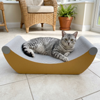 Silver tabby cat lying on the curved corrugated cat scratcher board in a sunroom