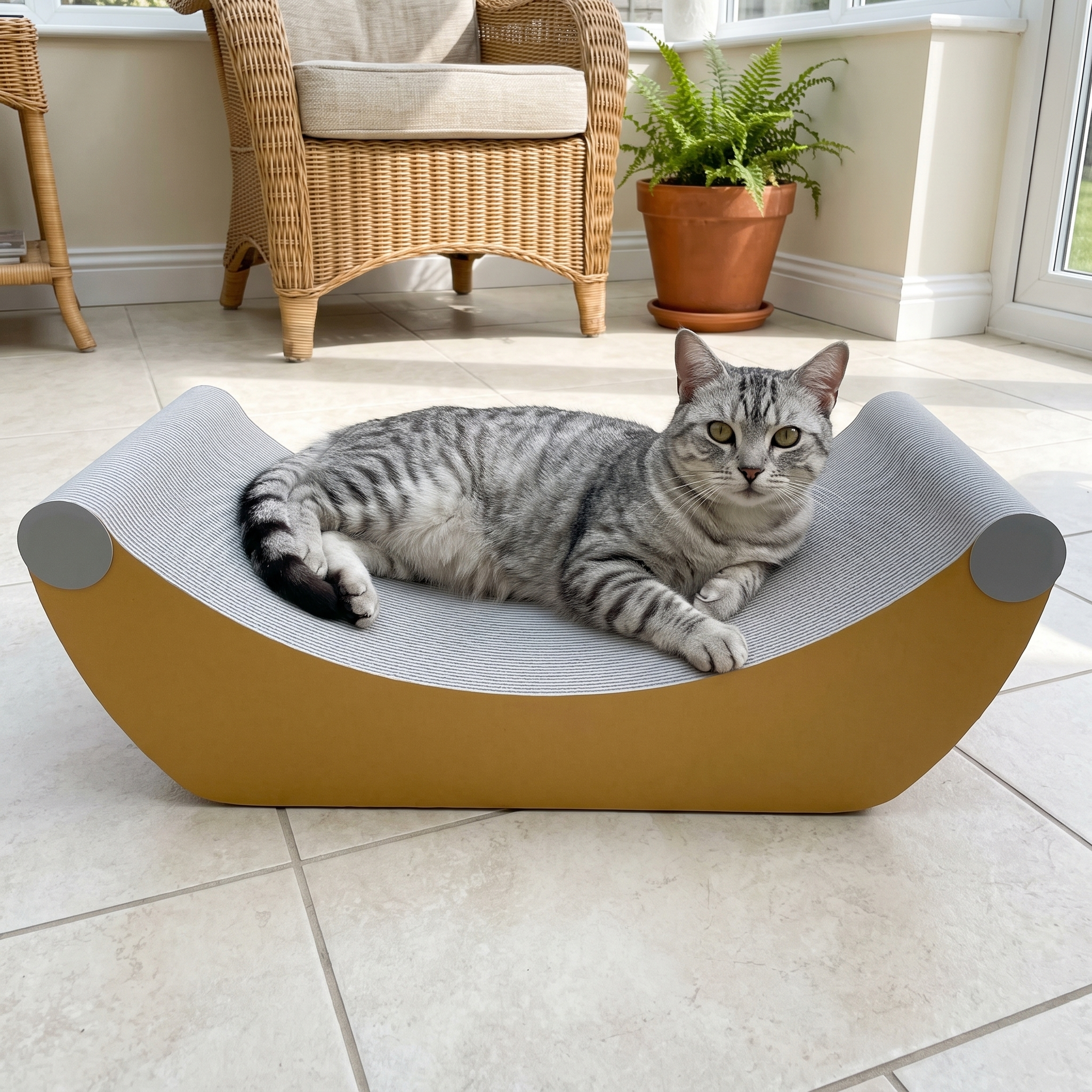 Silver tabby cat lying on the curved corrugated cat scratcher board in a sunroom