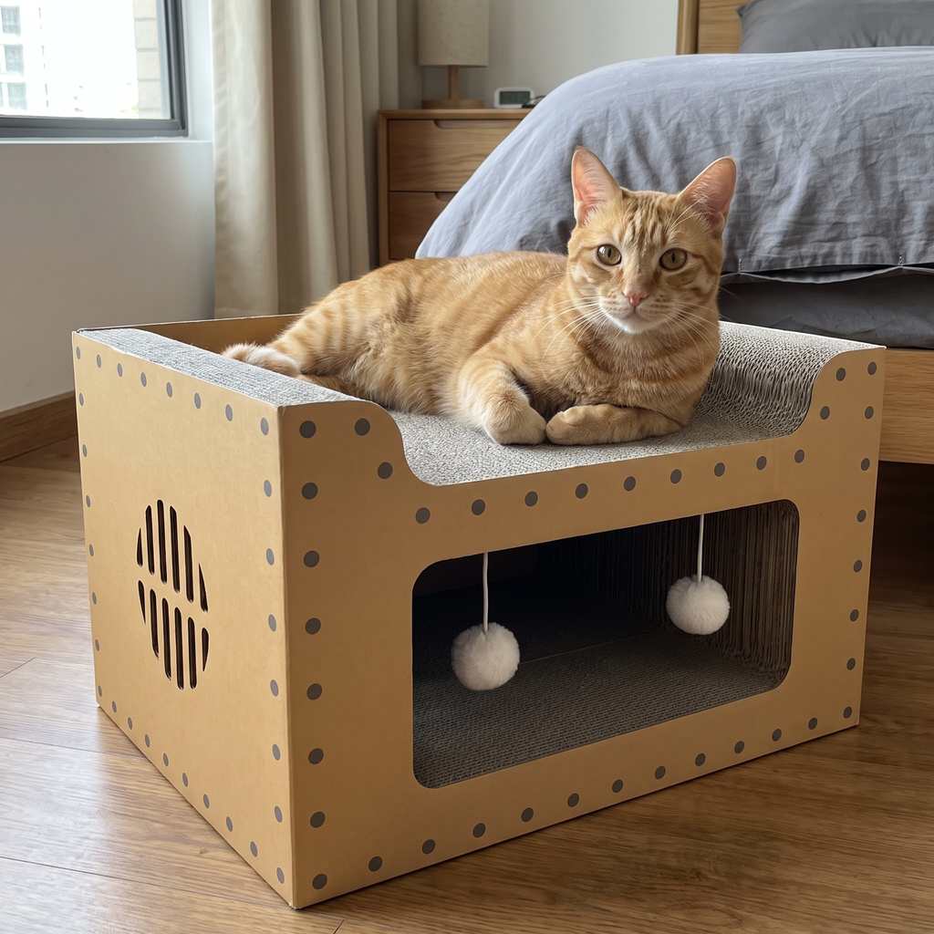 Ginger tabby cat lounging on the cardboard cat scratcher sofa in a bedroom corner