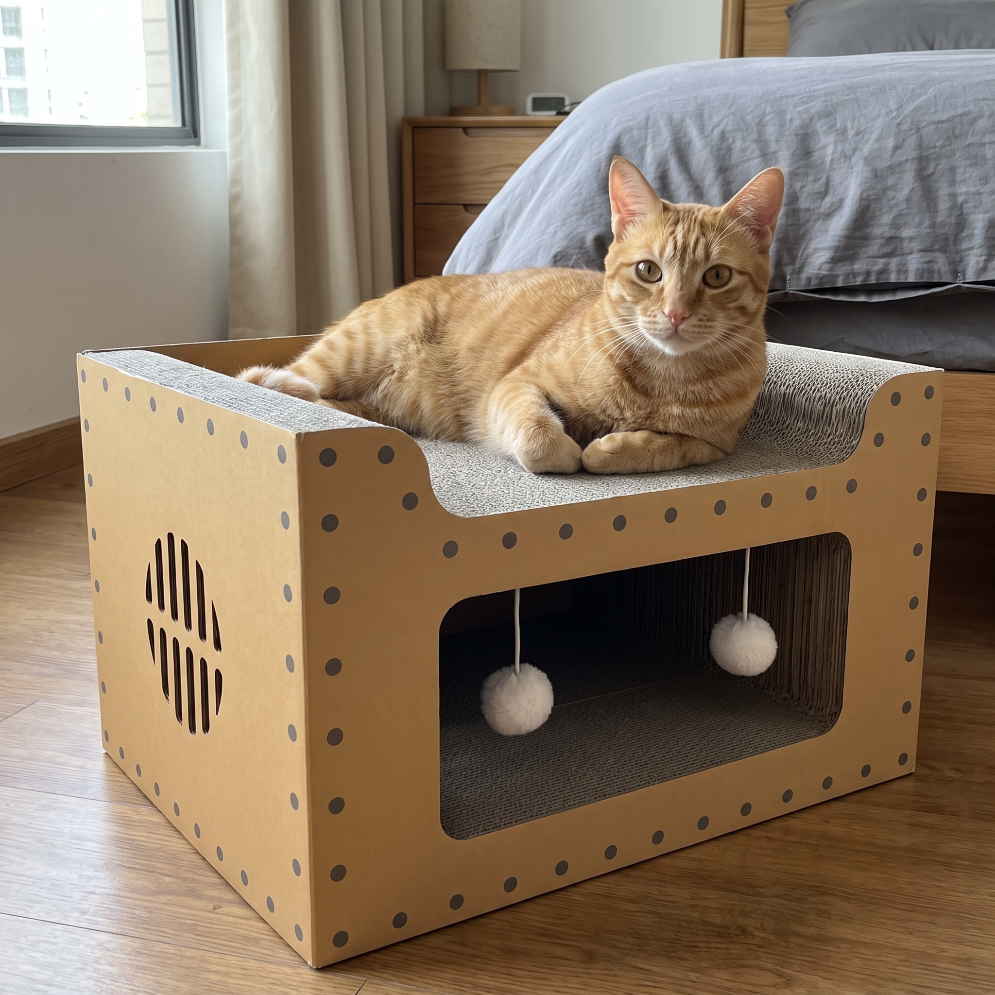 Ginger tabby cat lounging on the cardboard cat scratcher sofa in a bedroom corner