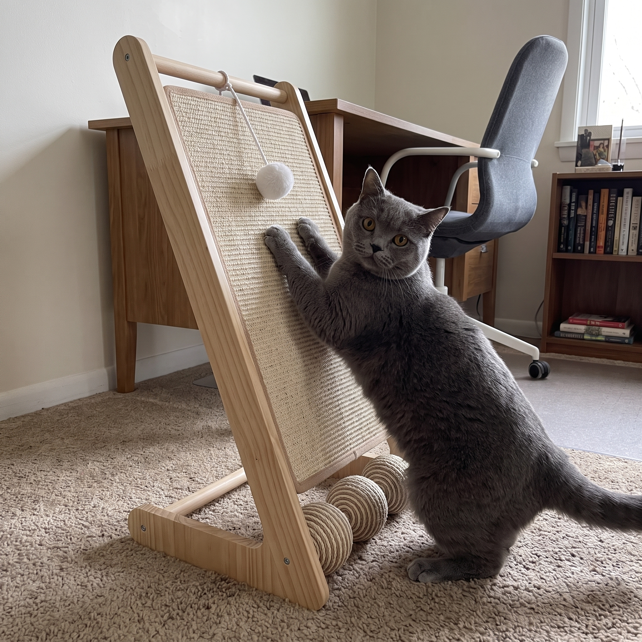 Grey cat reaching up to scratch the vertical sisal cat scratcher in a home office corner