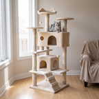 Silver tabby cat perched on the multi-level cat tree tower in a living room bay window
