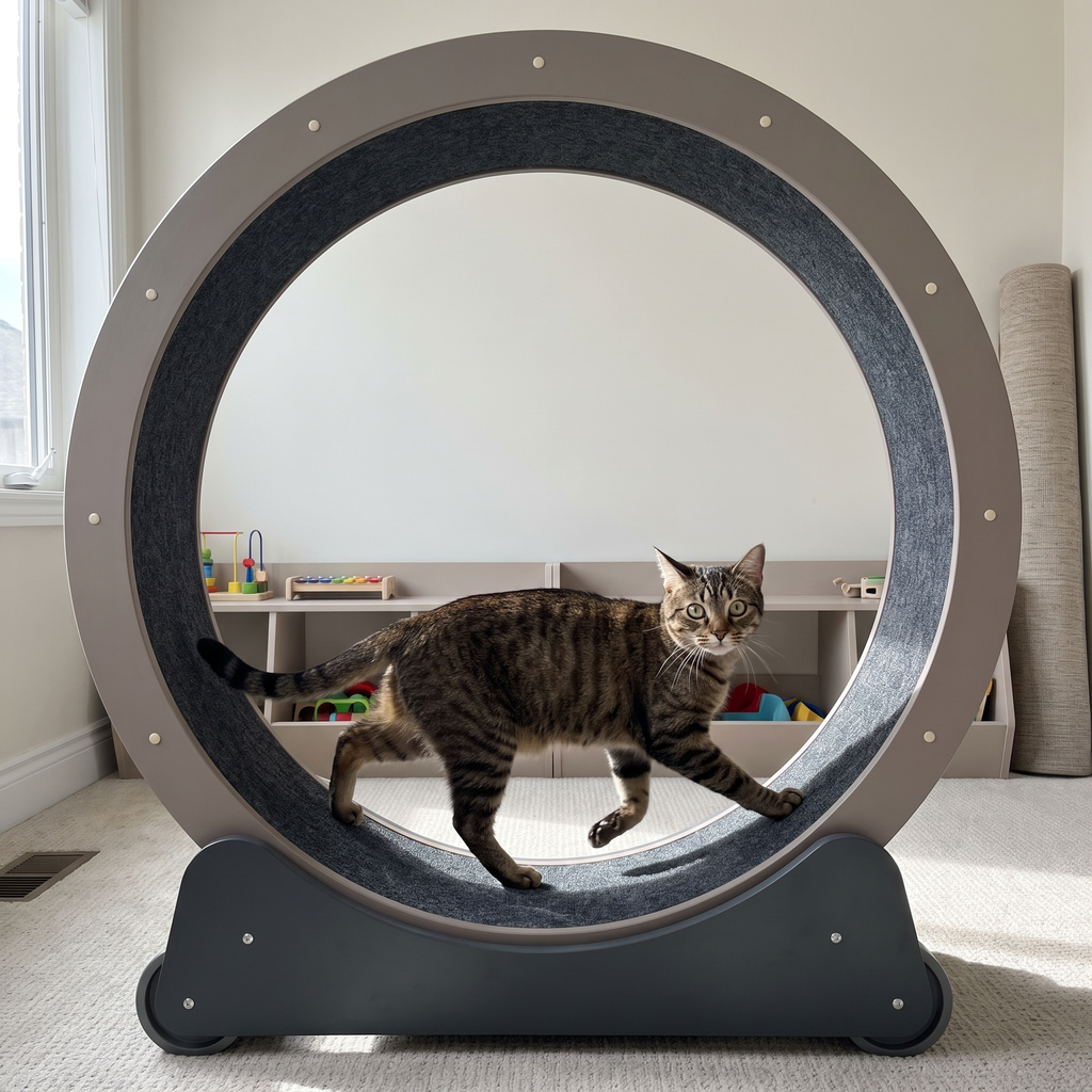 Brown tabby cat running in the 43in cat exercise wheel in a playroom
