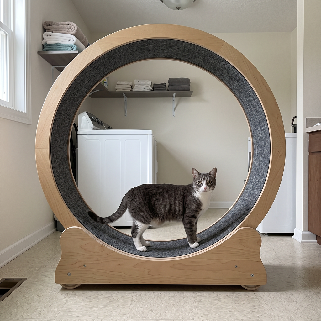 Grey and white cat standing in the 36in cat exercise wheel in a utility room