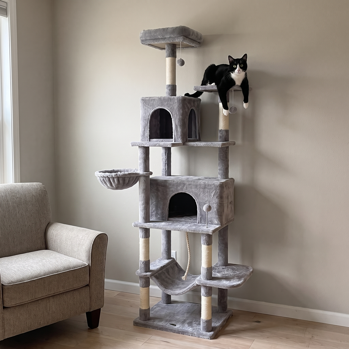 Tuxedo cat resting on an upper platform of the 80in cat tree tower in a lounge corner