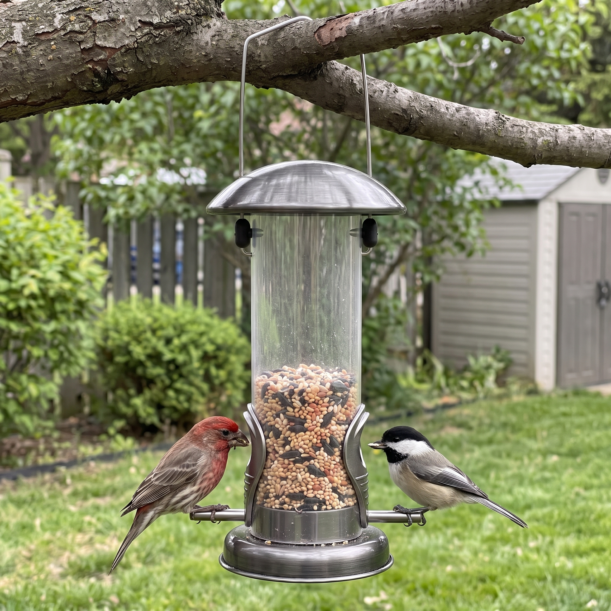 House finch and chickadee feeding at the hanging tube seed feeder on a back-garden tree branch