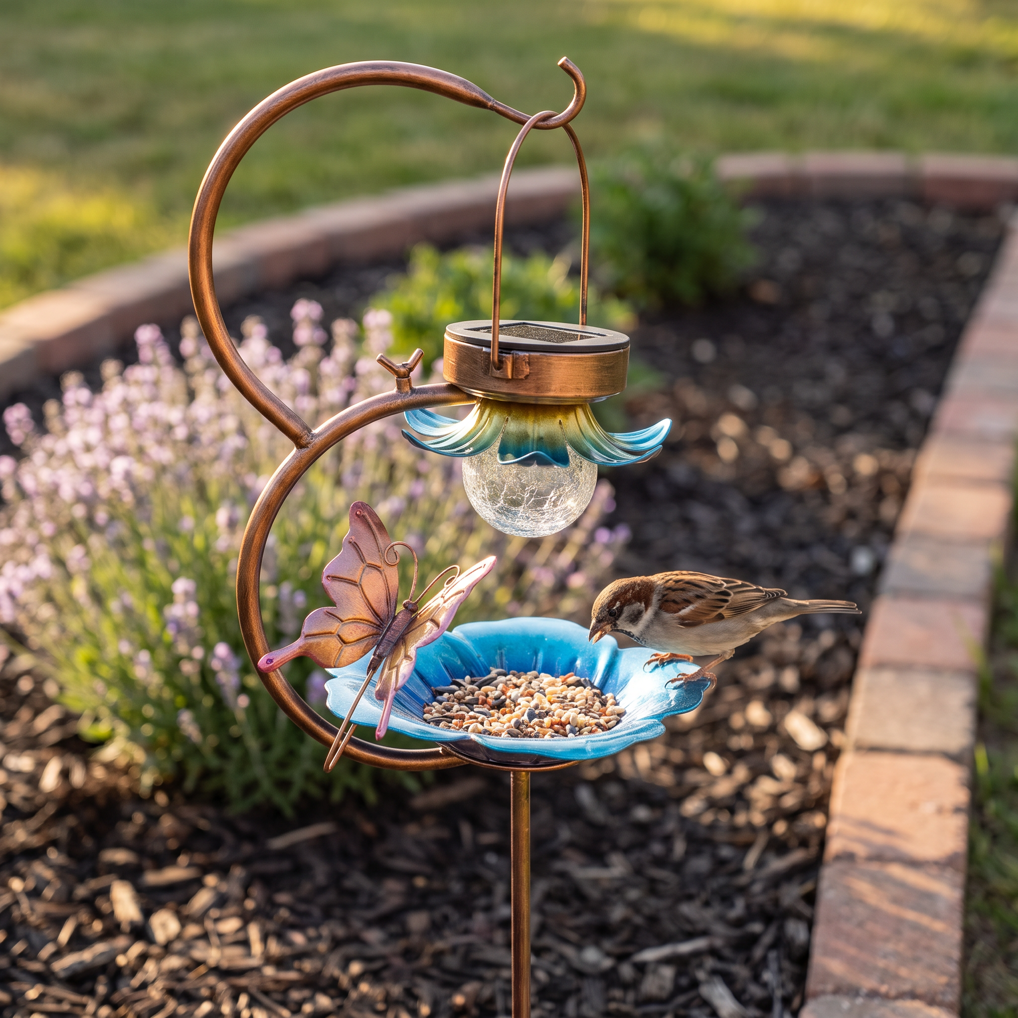 Sparrow feeding at the solar crackle-ball bird feeder on a flowerbed edge at golden hour