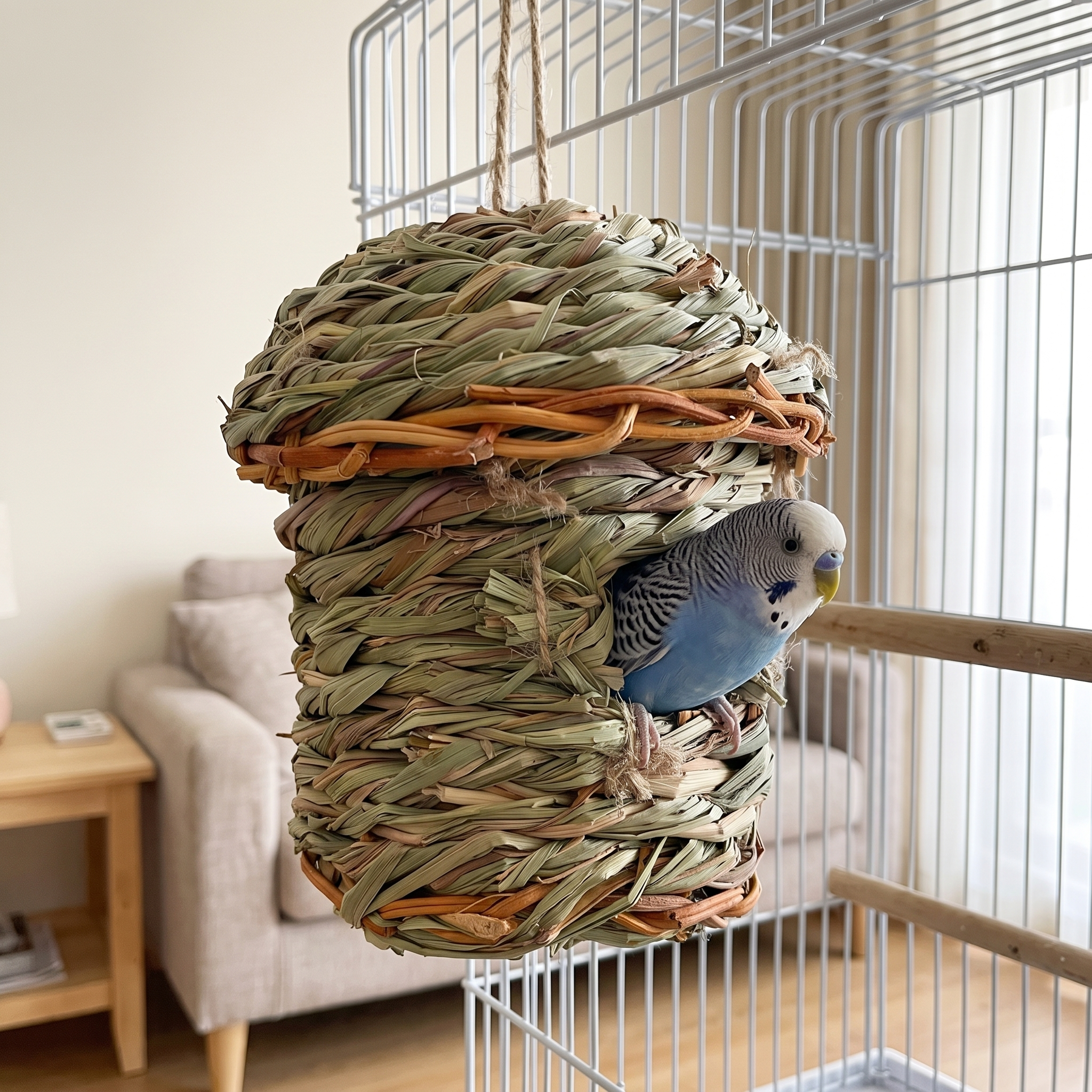 Budgie perched at the hand-woven straw bird nest hut inside a living-room bird cage