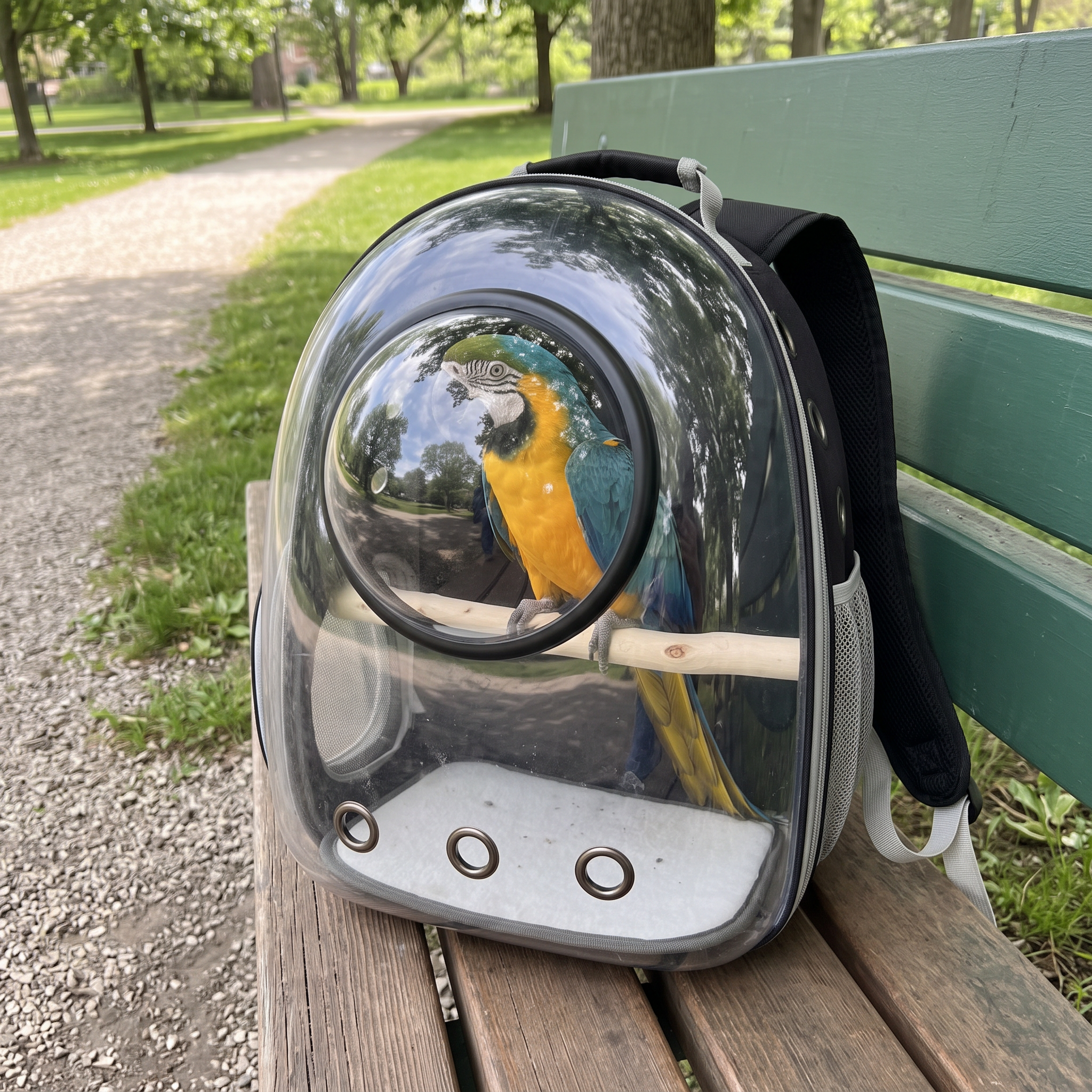 Macaw inside the clear-view parrot travel backpack set down on a park bench