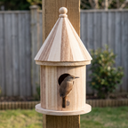 Wren at the entrance hole of the hand-carved wooden bird house mounted on a garden fence post