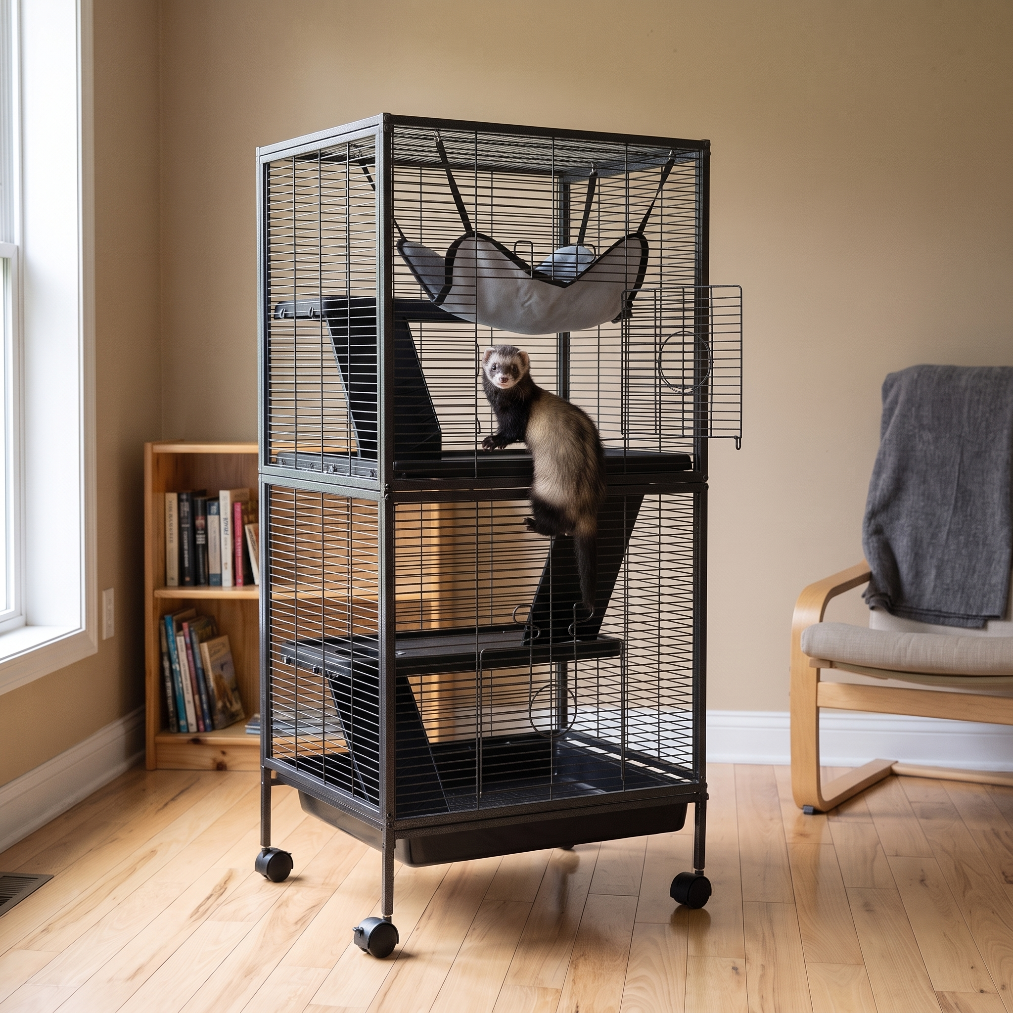 Ferret climbing a ramp inside the 4-tier rolling wire cage in a tidy spare room