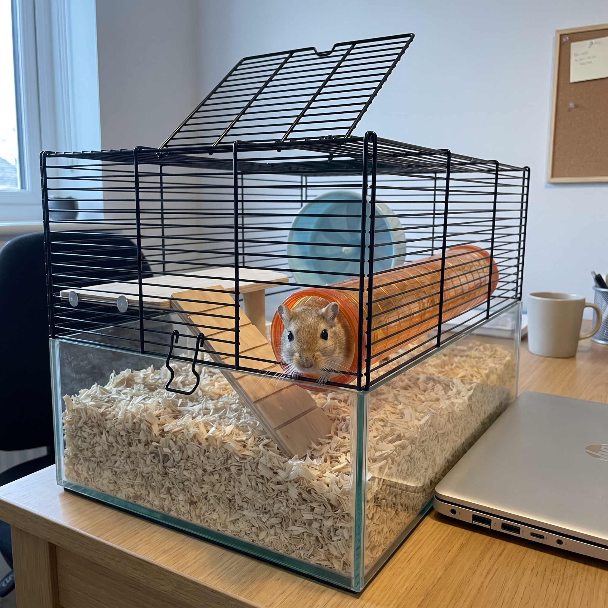 Gerbil in the tube of the glass-base hamster and gerbil cage on a home office desk