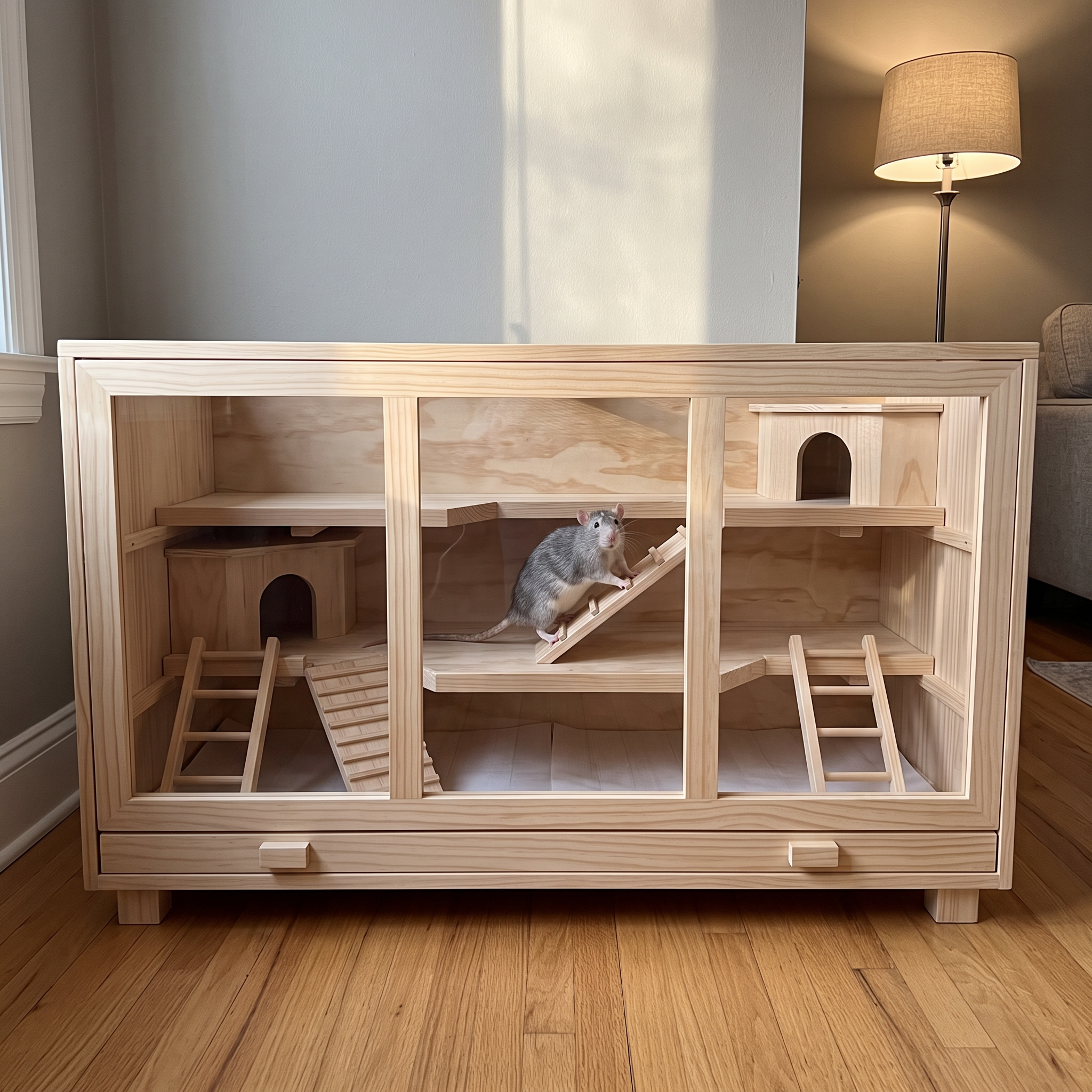 Pet rat on a ramp inside the 3-layer wooden habitat in a living room corner