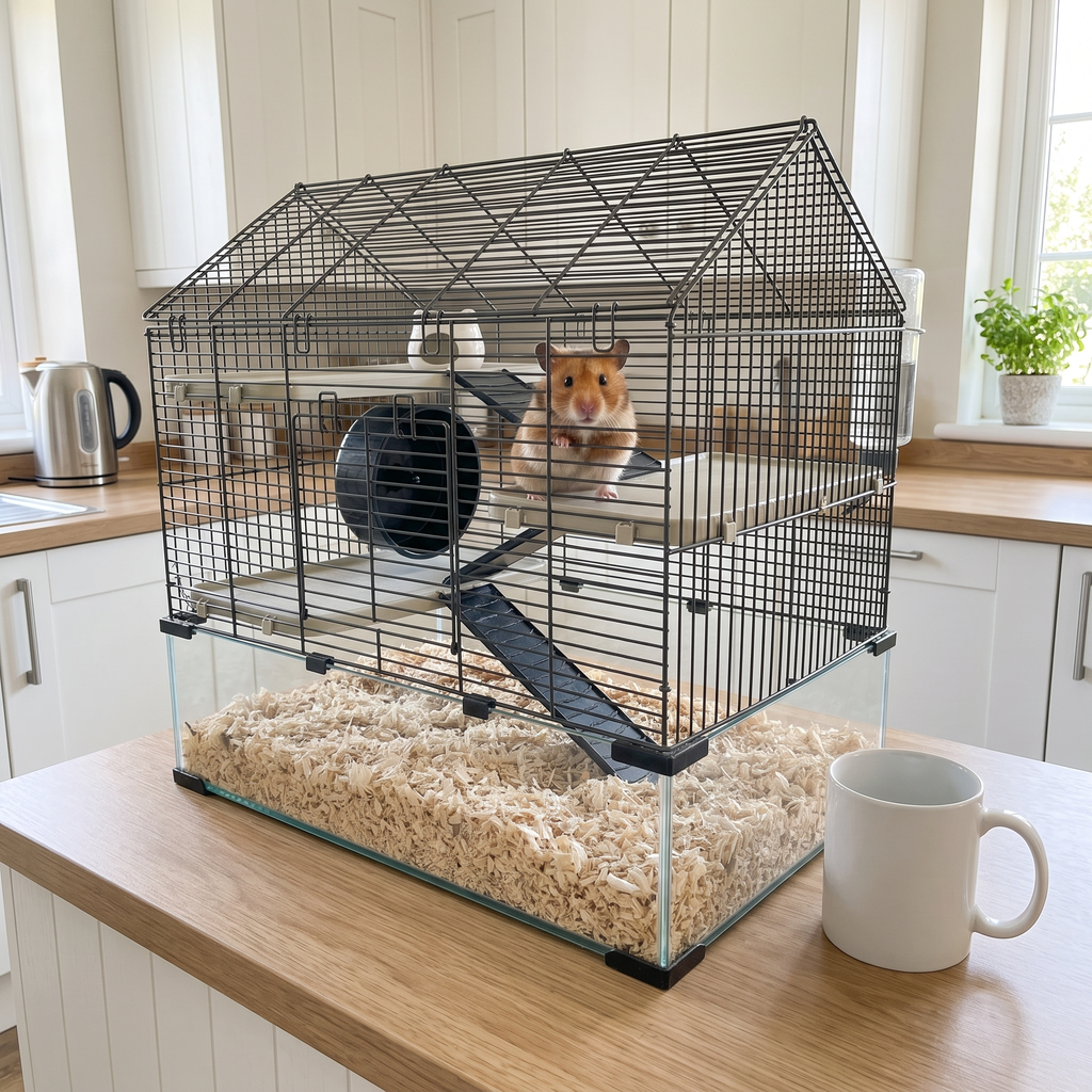 Hamster on the middle level of the multi-level wire hamster cage in a bright kitchen corner
