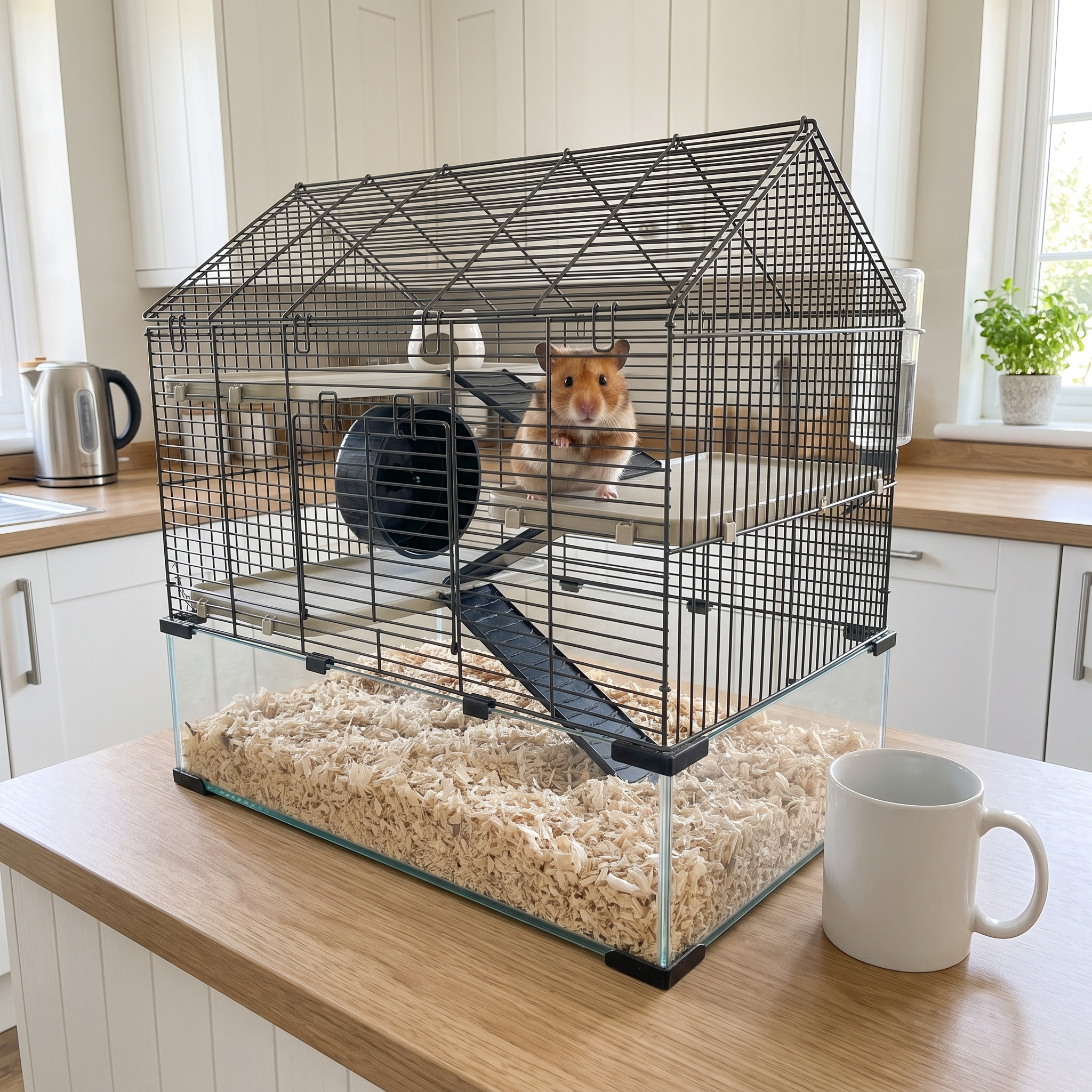 Hamster on the middle level of the multi-level wire hamster cage in a bright kitchen corner