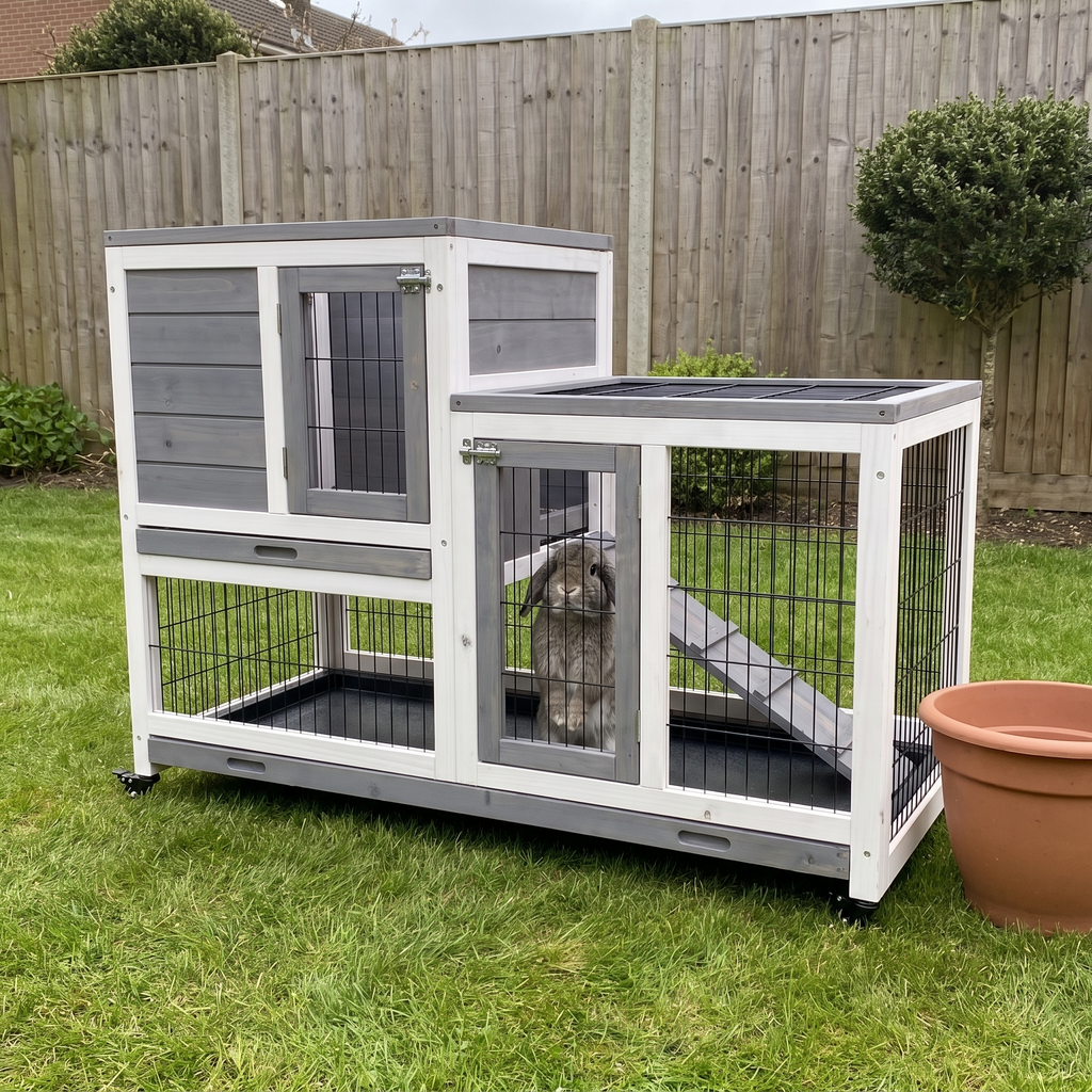 Rabbit in the run of the elevated wooden hutch on a tidy back lawn