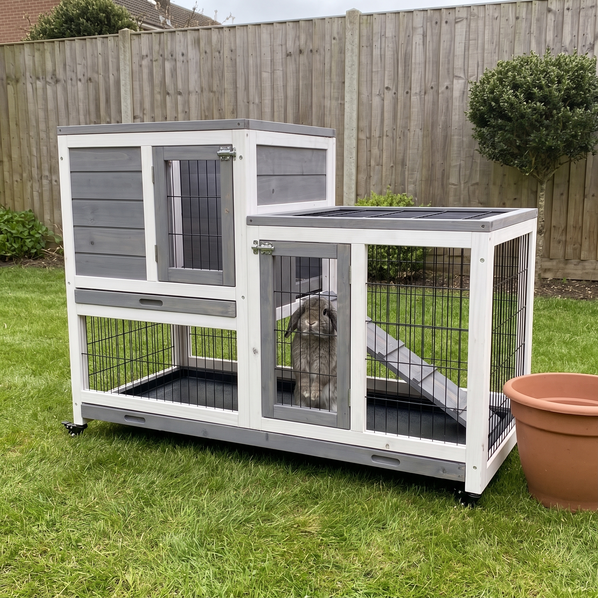 Rabbit in the run of the elevated wooden hutch on a tidy back lawn