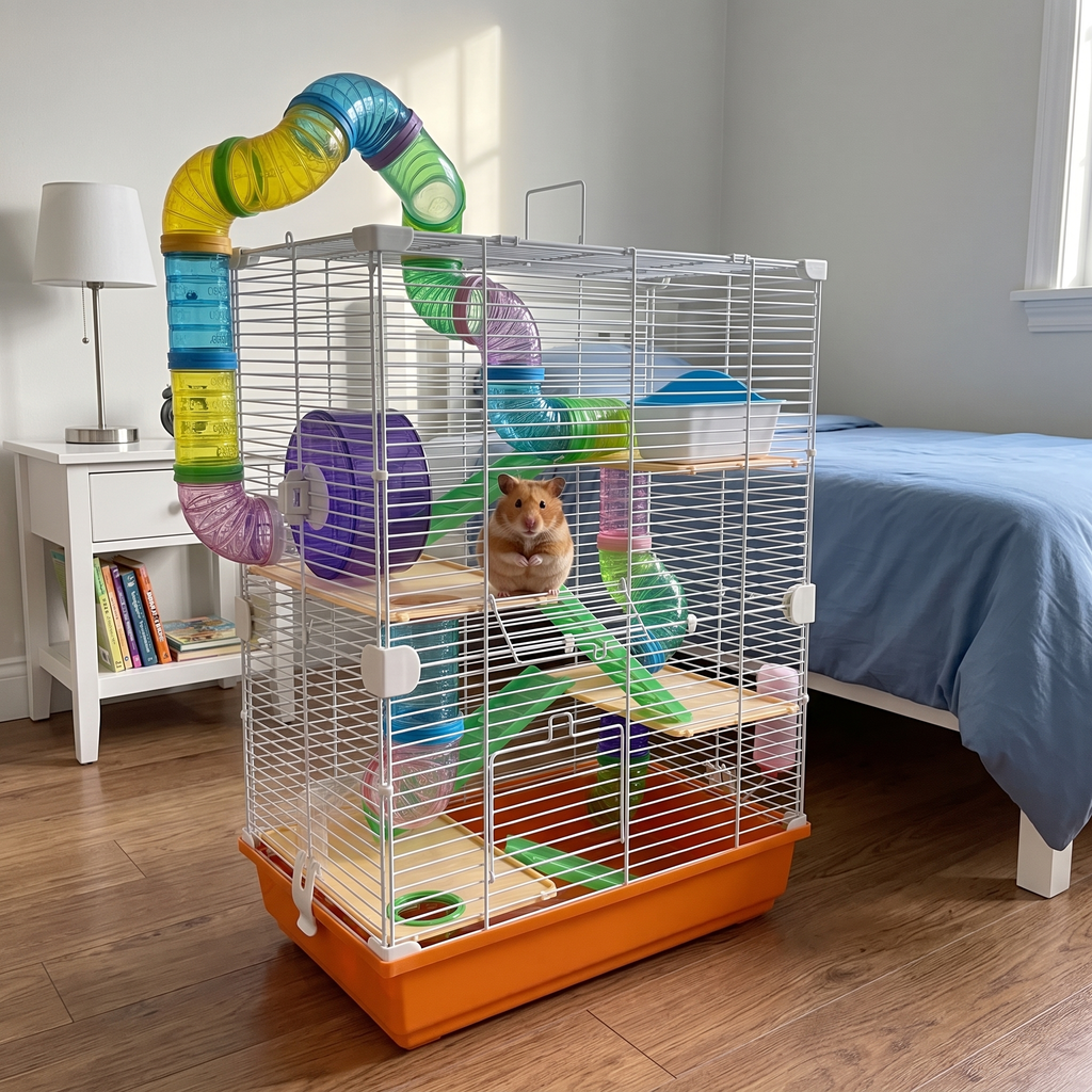 Syrian hamster on a platform in the 5-tier white hamster cage in a child's bedroom