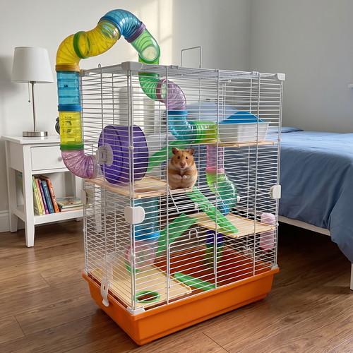 Syrian hamster on a platform in the 5-tier white and orange hamster cage in a child's bedroom