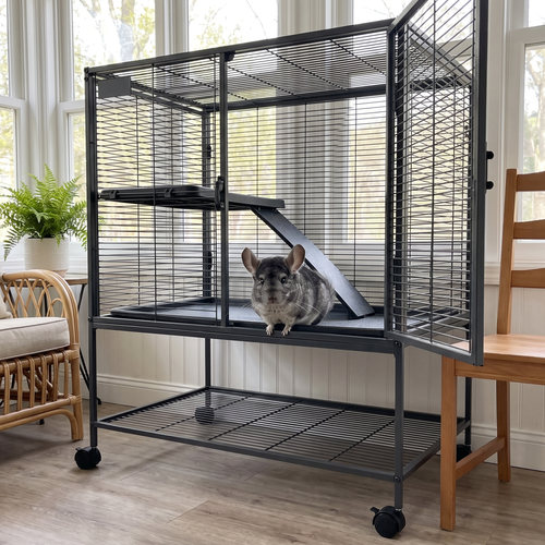Chinchilla in the open doorway of the 2-tier rolling ferret cage in a sunroom