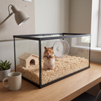 Hamster seen through the clear wall of the acrylic open-top habitat on a teenager's desk